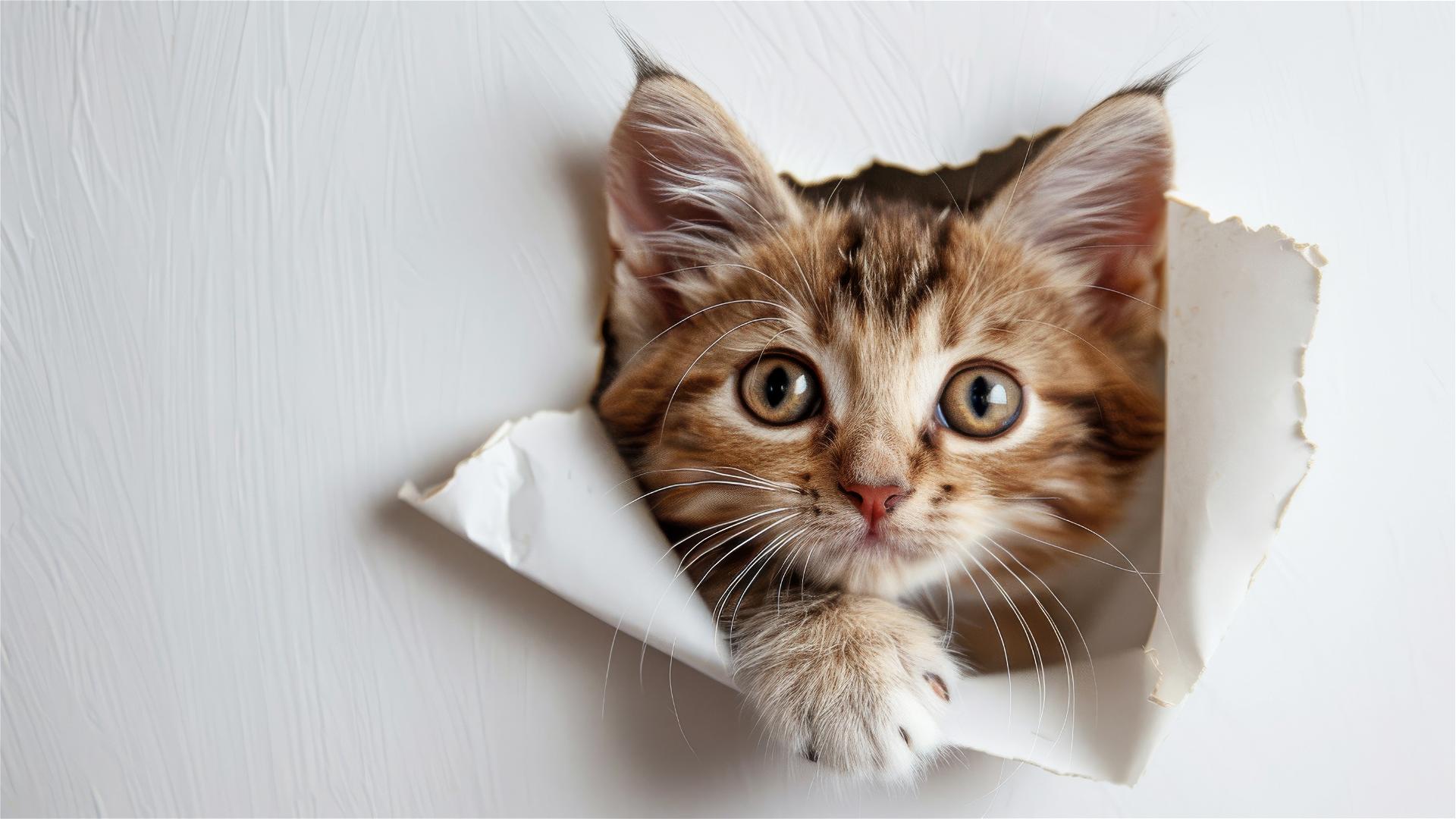 Cute kitten peeking through paper hole, sticker style, white background