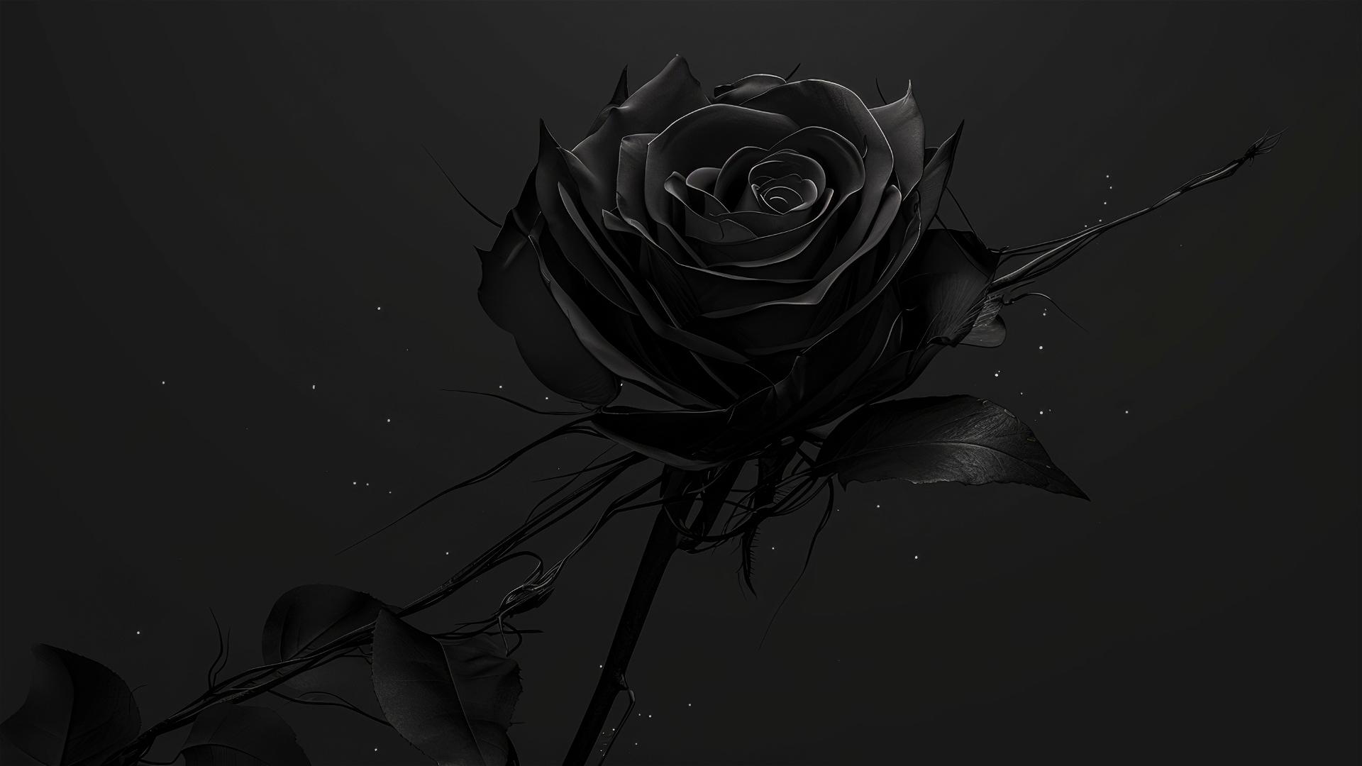 Aesthetic dark silhouette of a lone black rose against a deep black background, its edges highlighted subtly by starlight, elegant and subtle
