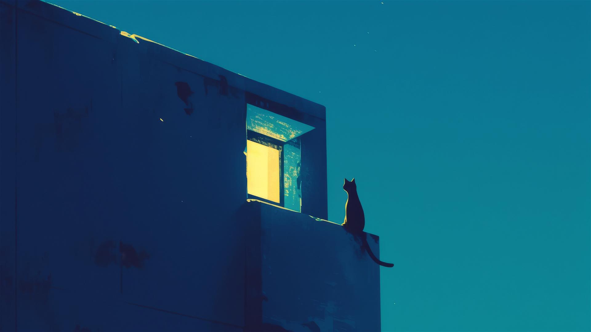 Silhouette of a cat with glowing eyes on a window sill at night