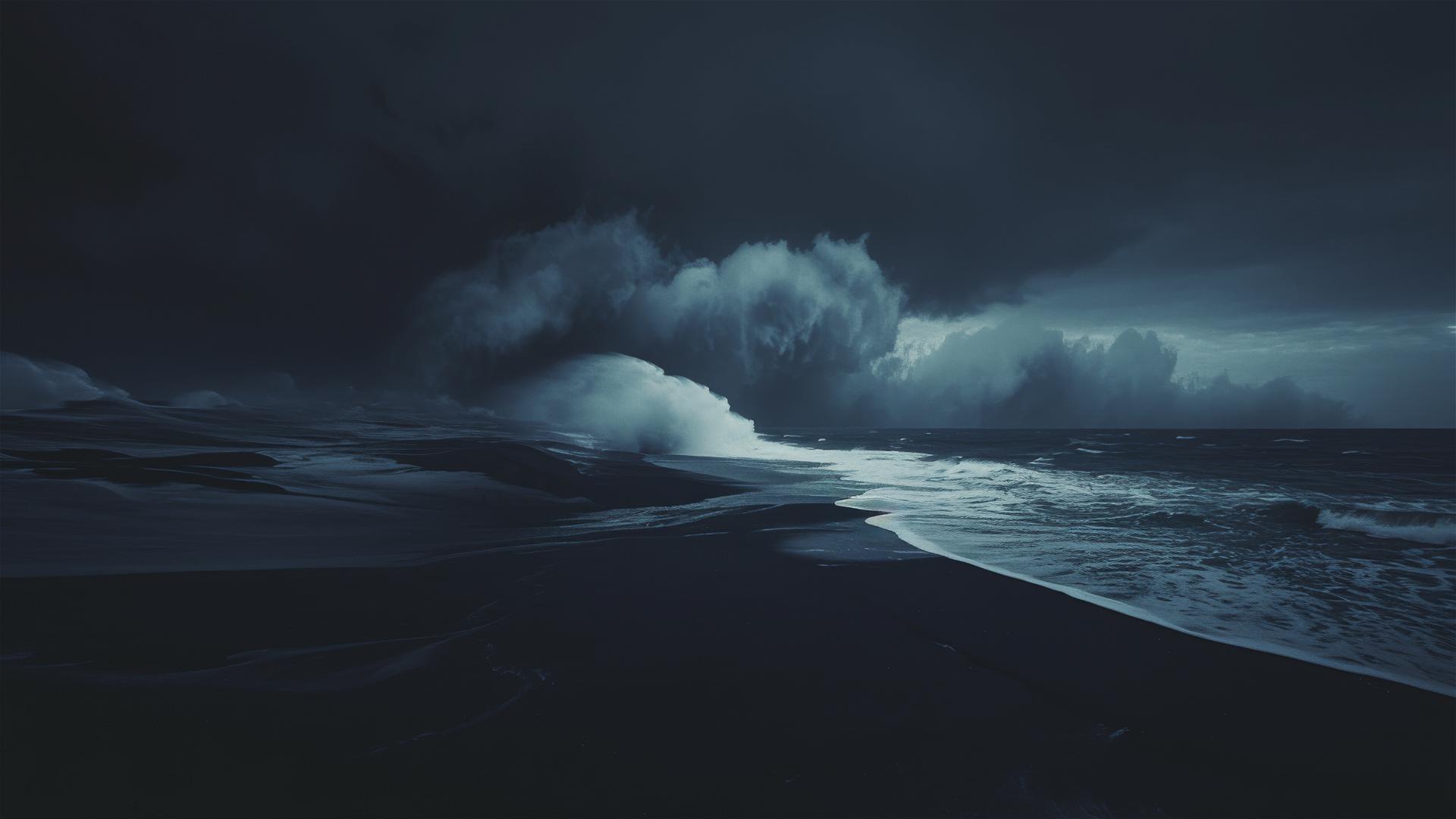 Dark deserted beach with crashing waves and black sand under a starless sky