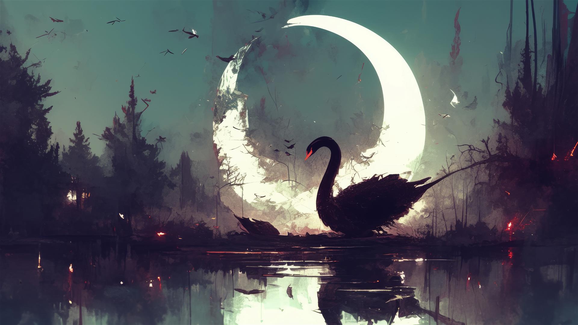 Aesthetic scene of black swan floating on a lake under a crescent moon with serene and surreal vibes