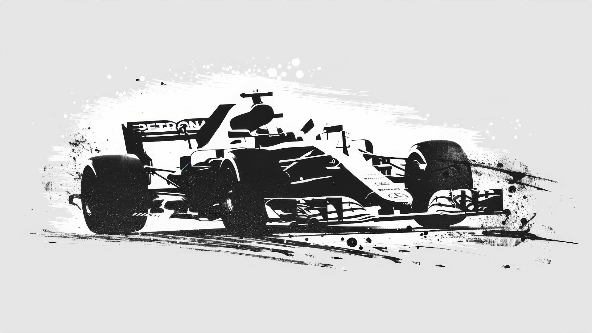 Lewis Hamilton's F1 car in a minimalist black and white poster art.