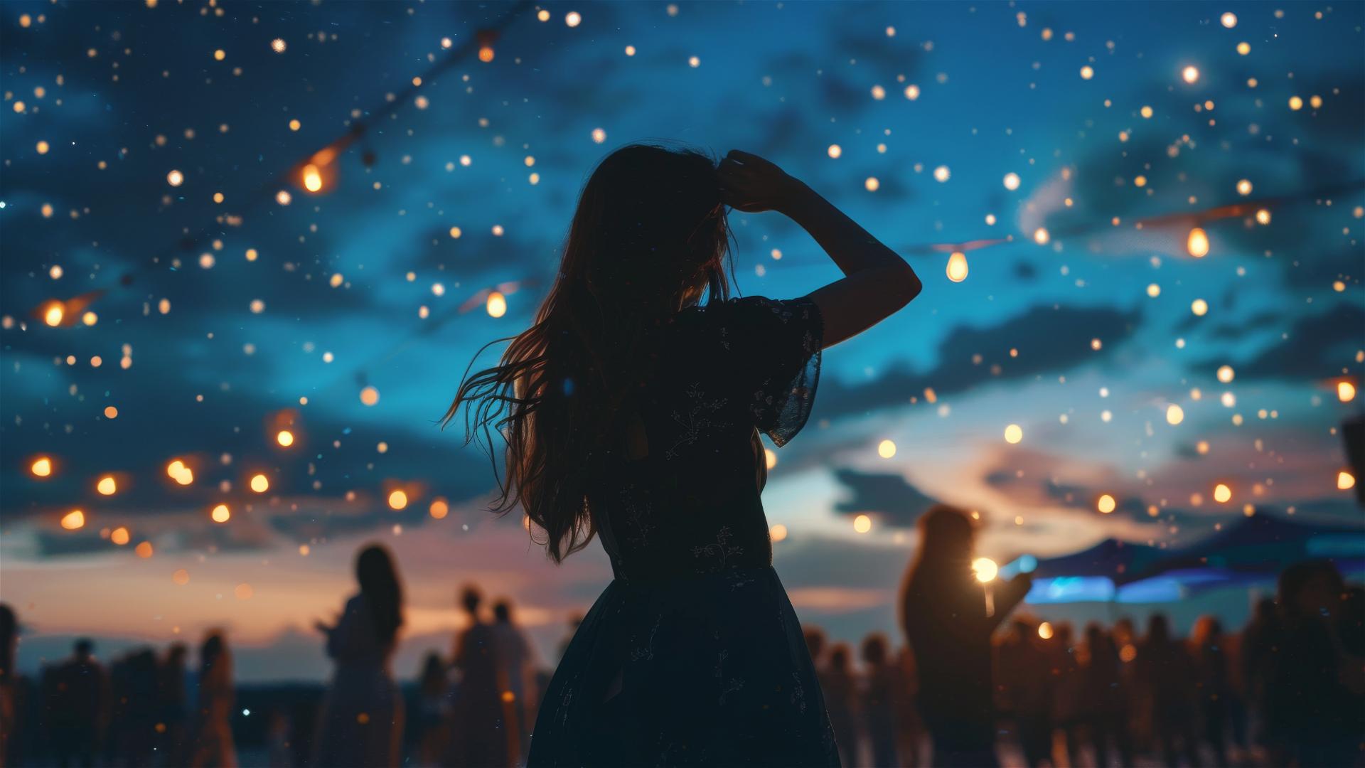 Individual dancing under starry sky at love festival