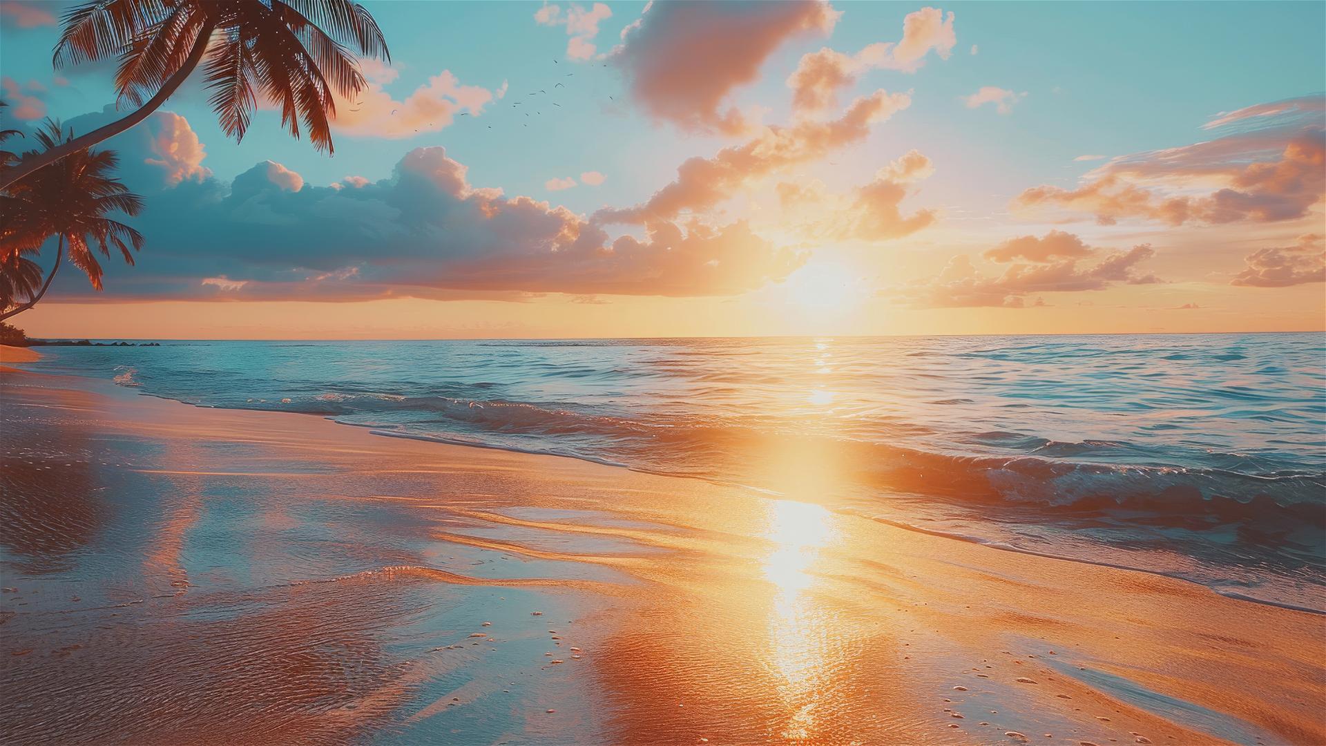 Colorful sunset at a tranquil beach with palm trees, golden sand, crystal clear water, and a vibrant sky.