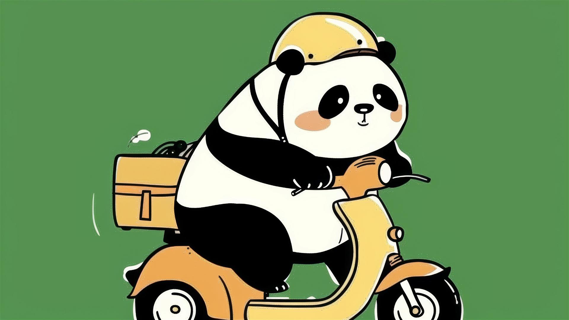 Cute panda on electric scooter with helmet against green backdrop in flat vector style