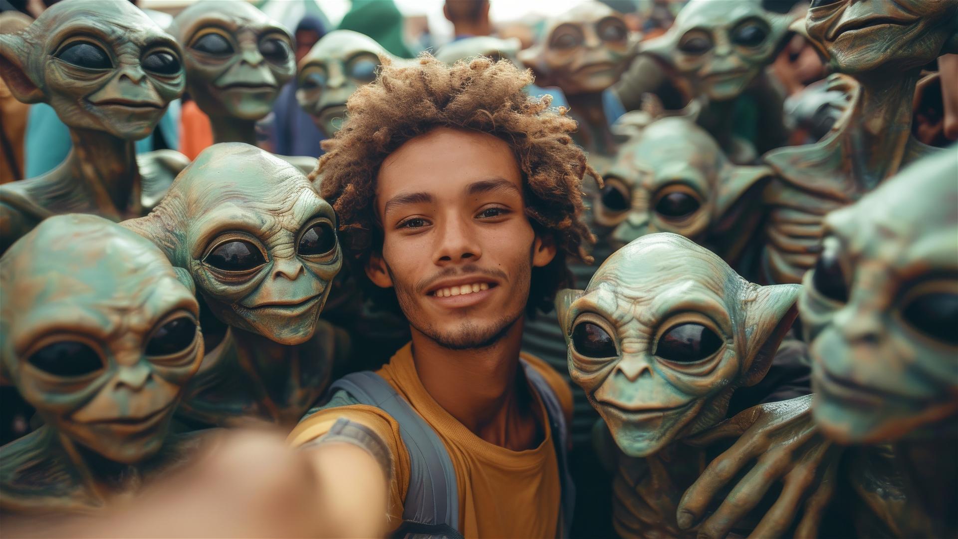 A man taking a selfie with a group of green aliens.
