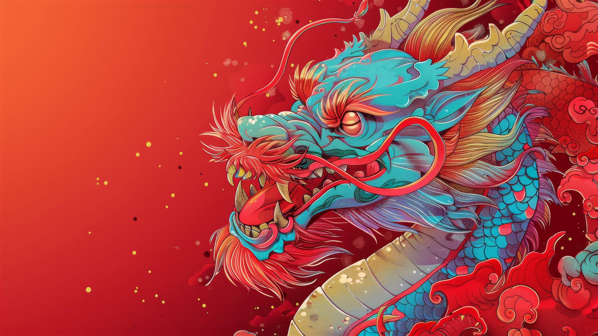 Pop art Chinese dragon with cartoon style, red background, fine details
