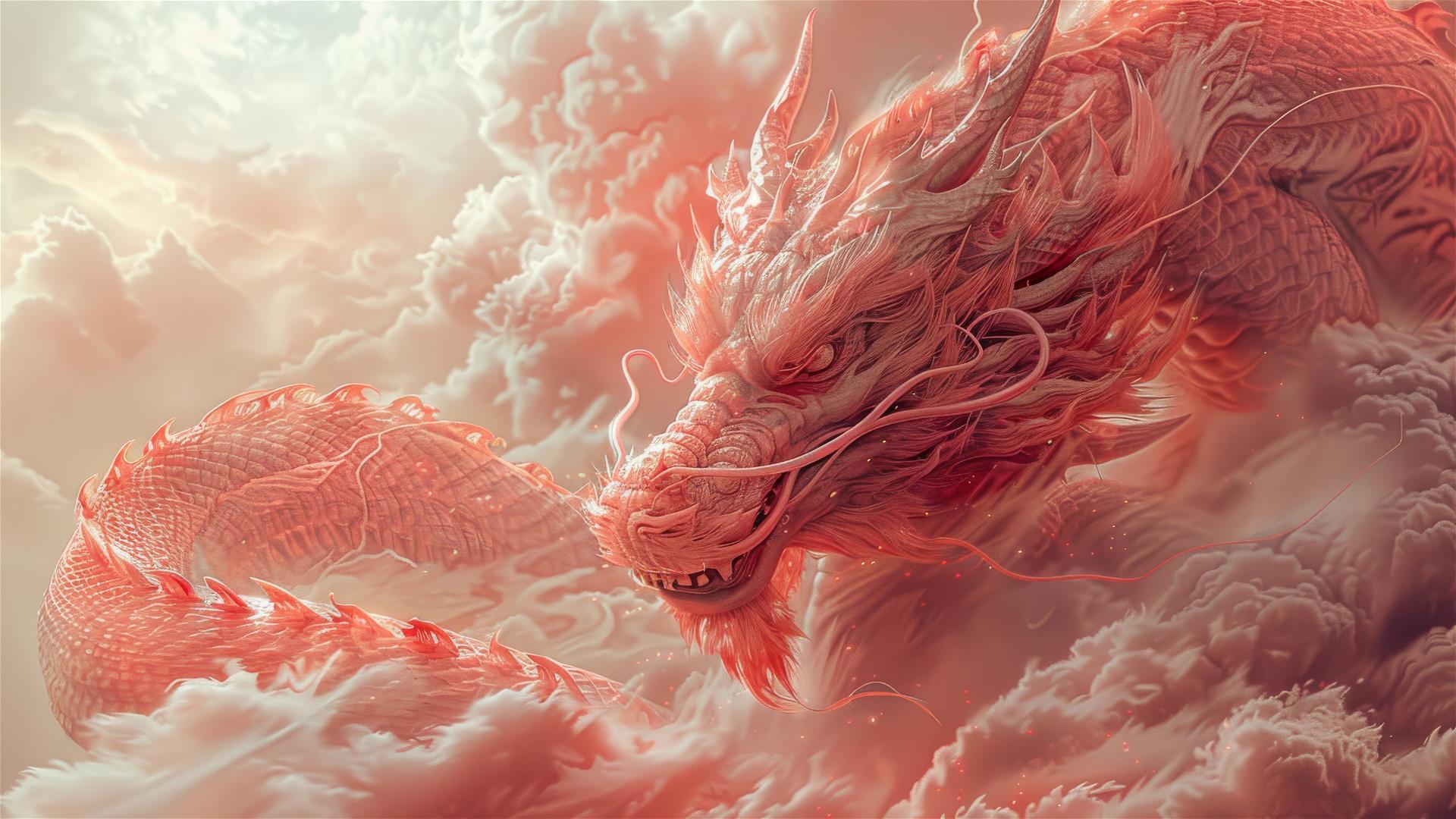 Asian dragon in light red with surrounding clouds in hyperrealistic style