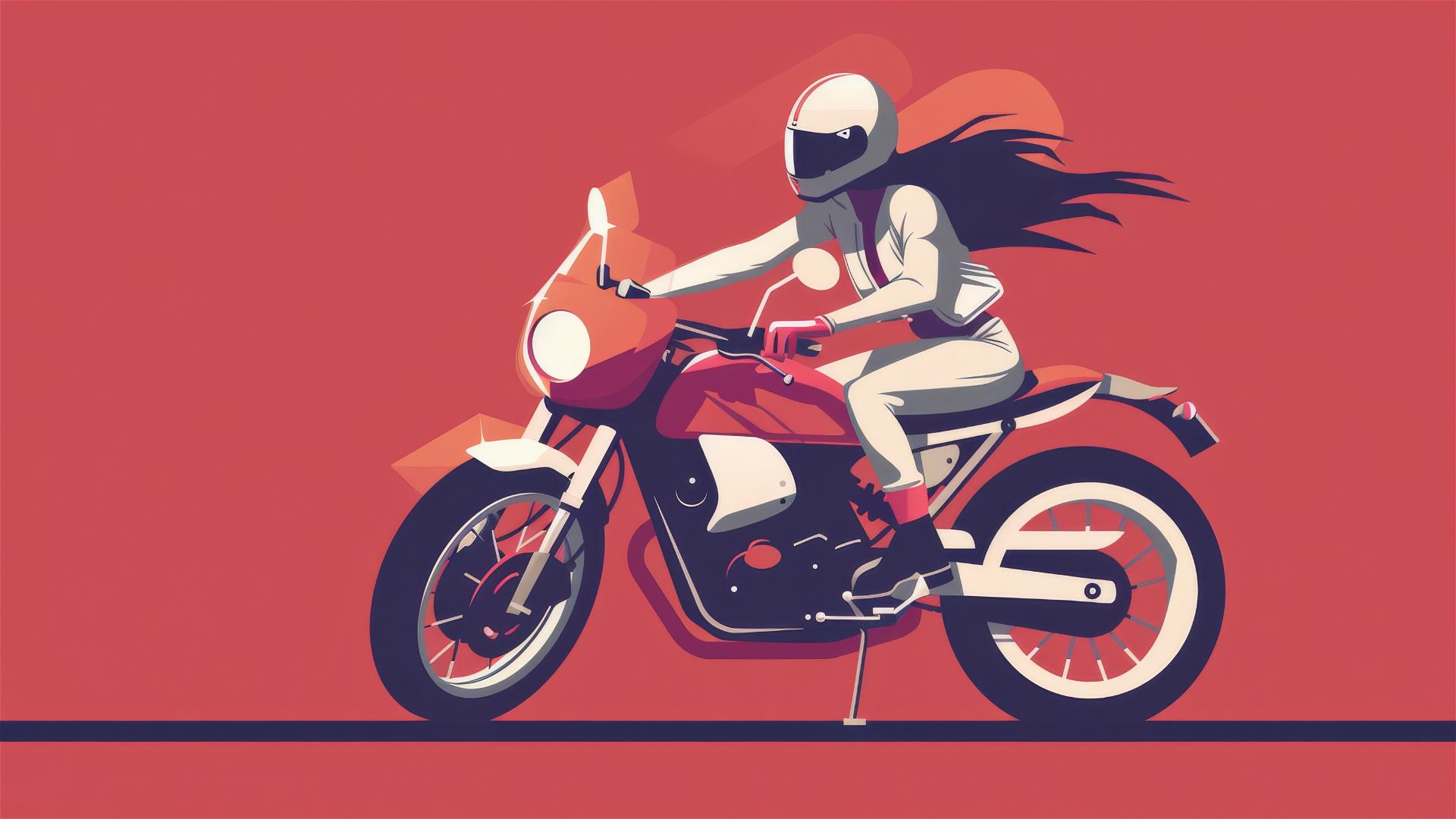 Girl riding motorcycle with minimalist pixel and dot background