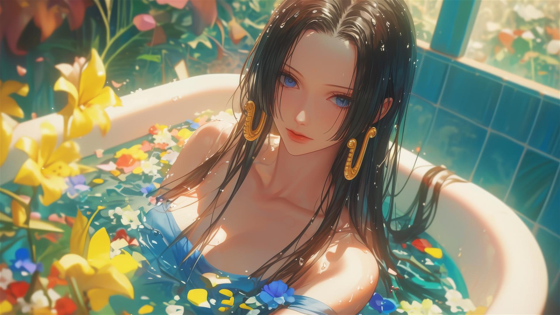 Boa Hancock in tub filled with flowers in Chinese spa