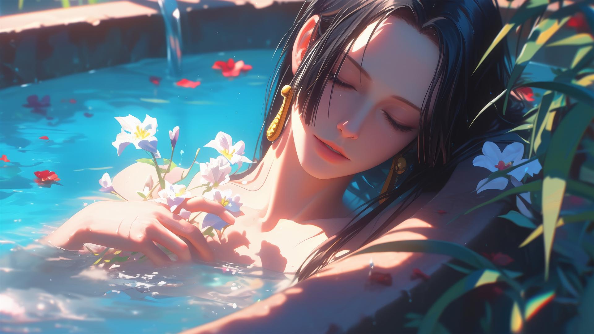 Boa Hancock from One Piece in a flower-filled tub in a Chinese spa