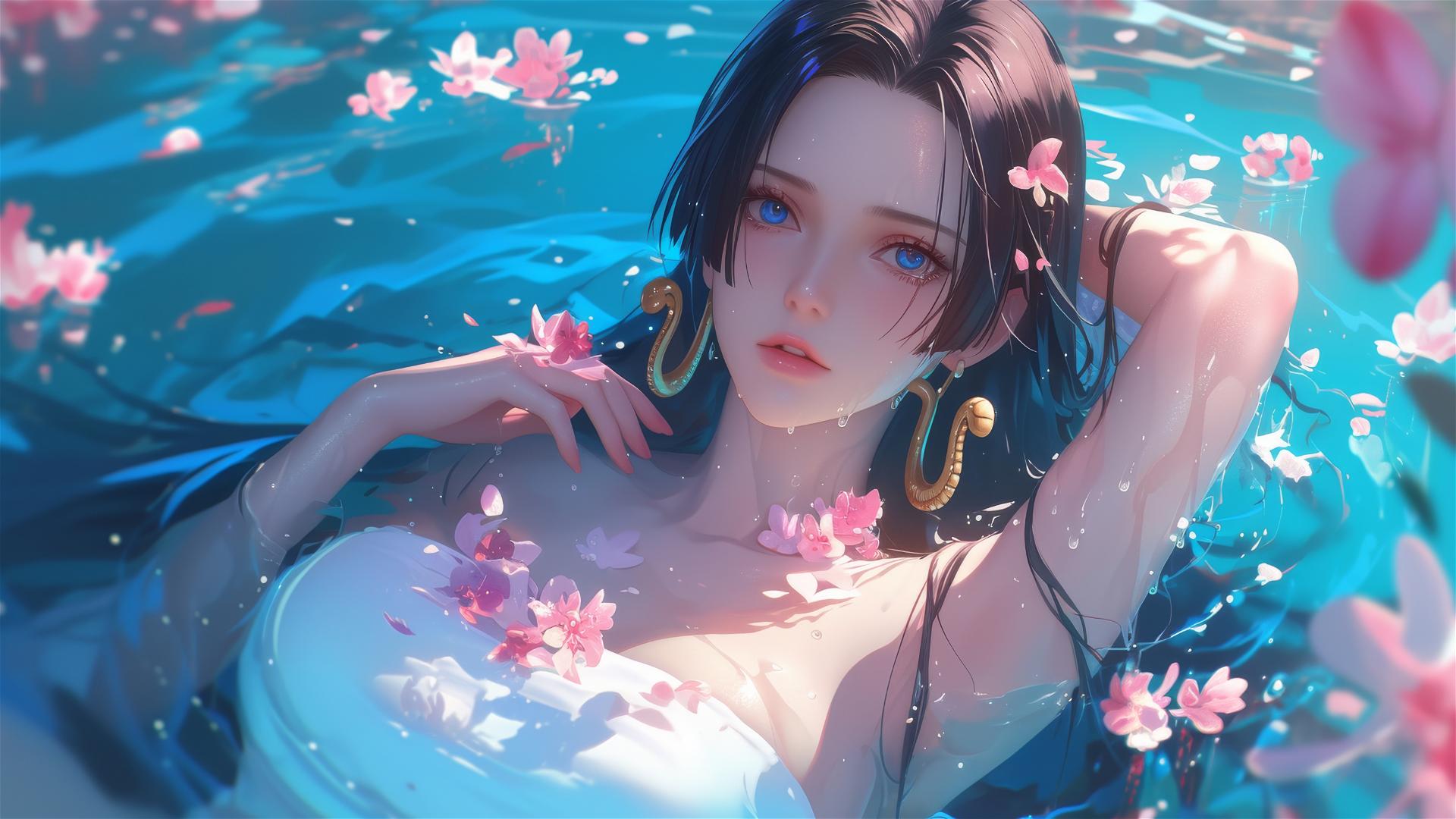 Boa Hancock from One Piece in a flower-filled tub at a Chinese spa.