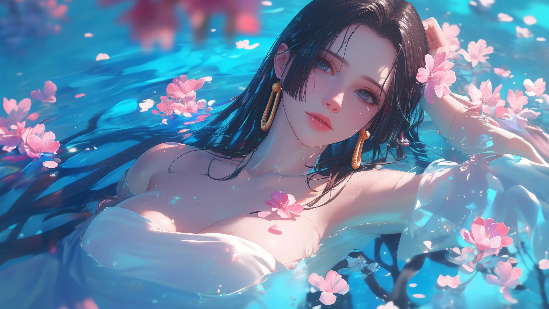 Boa Hancock from One Piece in a tub of flowers at a Chinese spa