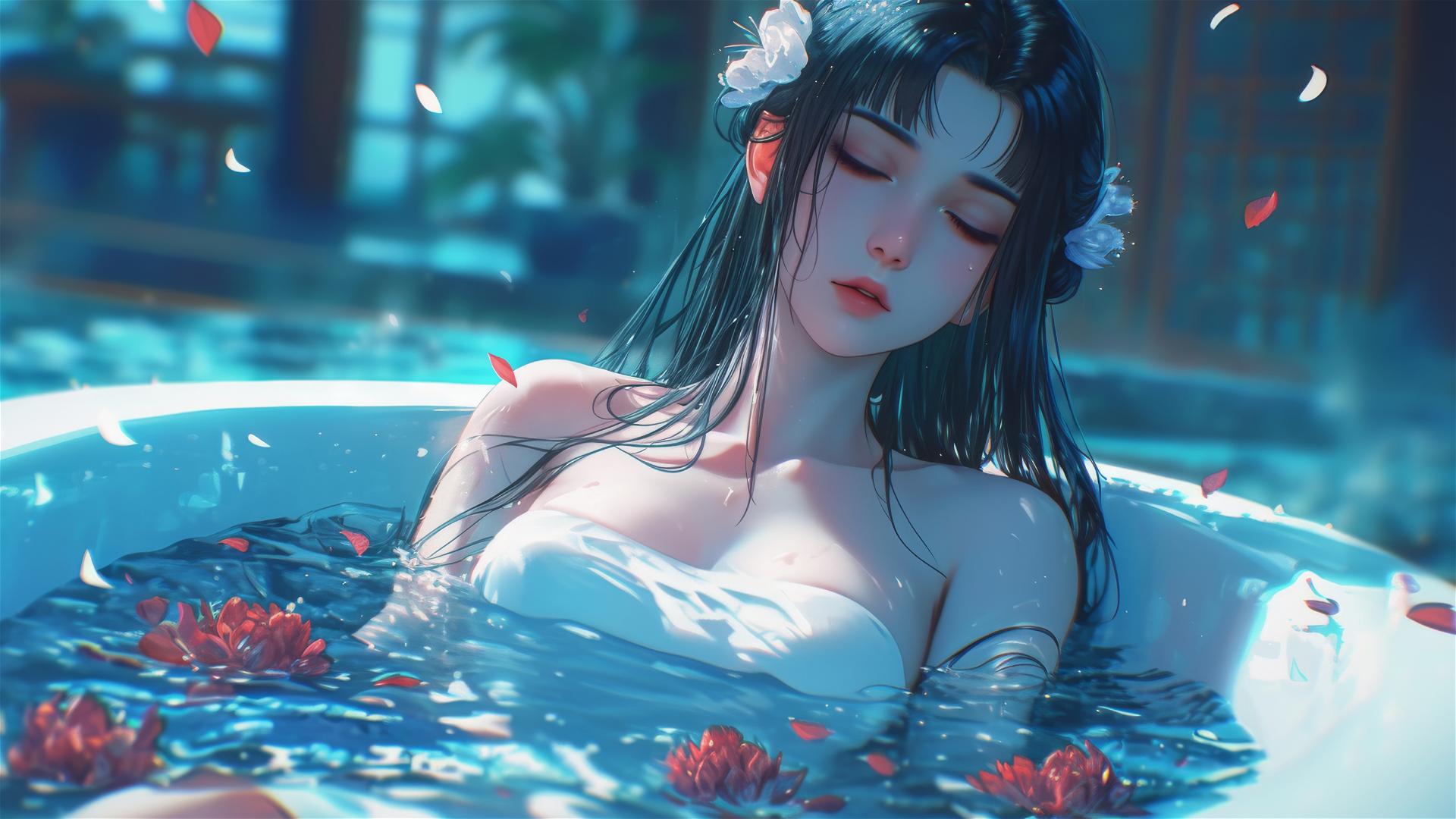 Hinata Hyuga from Naruto in a tub full of flowers at a Chinese spa