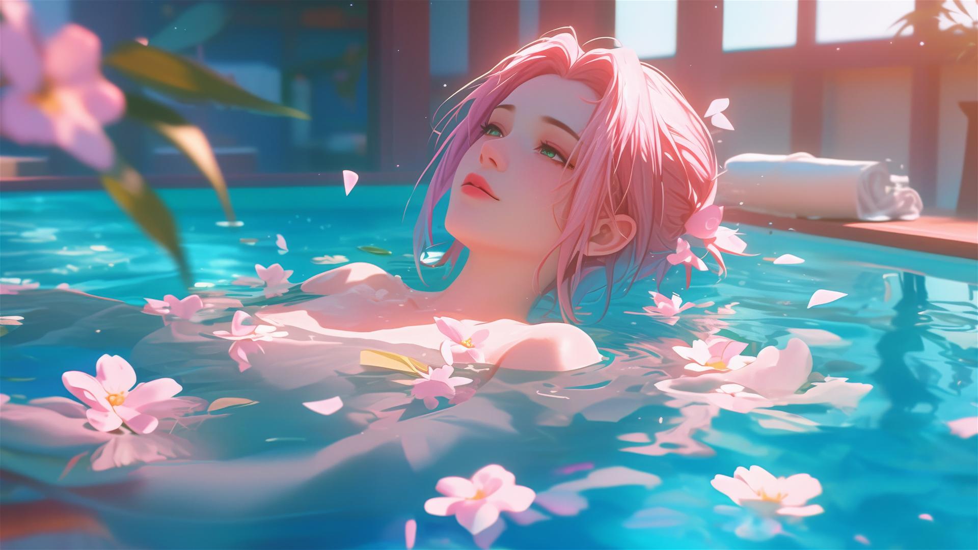 Sakura Haruno from Naruto in a flower-filled tub in a Chinese spa