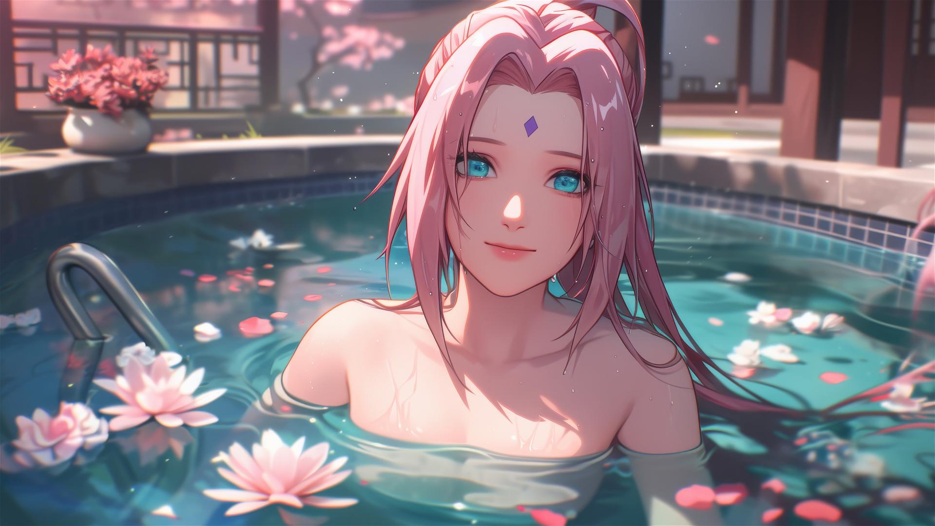 Sakura Haruno in a flower-filled tub at a Chinese spa