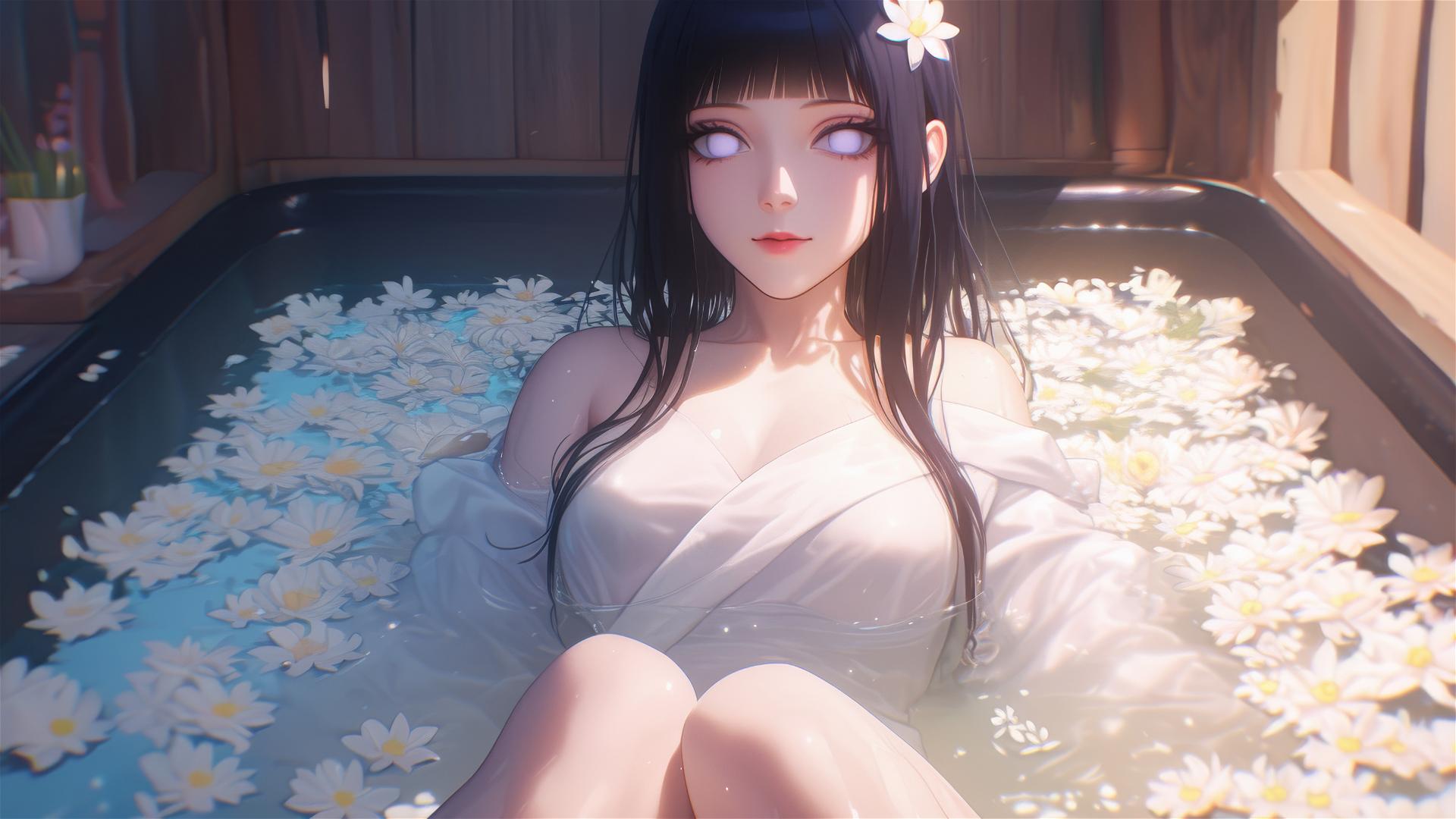 Hinata Hyuga in a tub of flowers at a Chinese spa