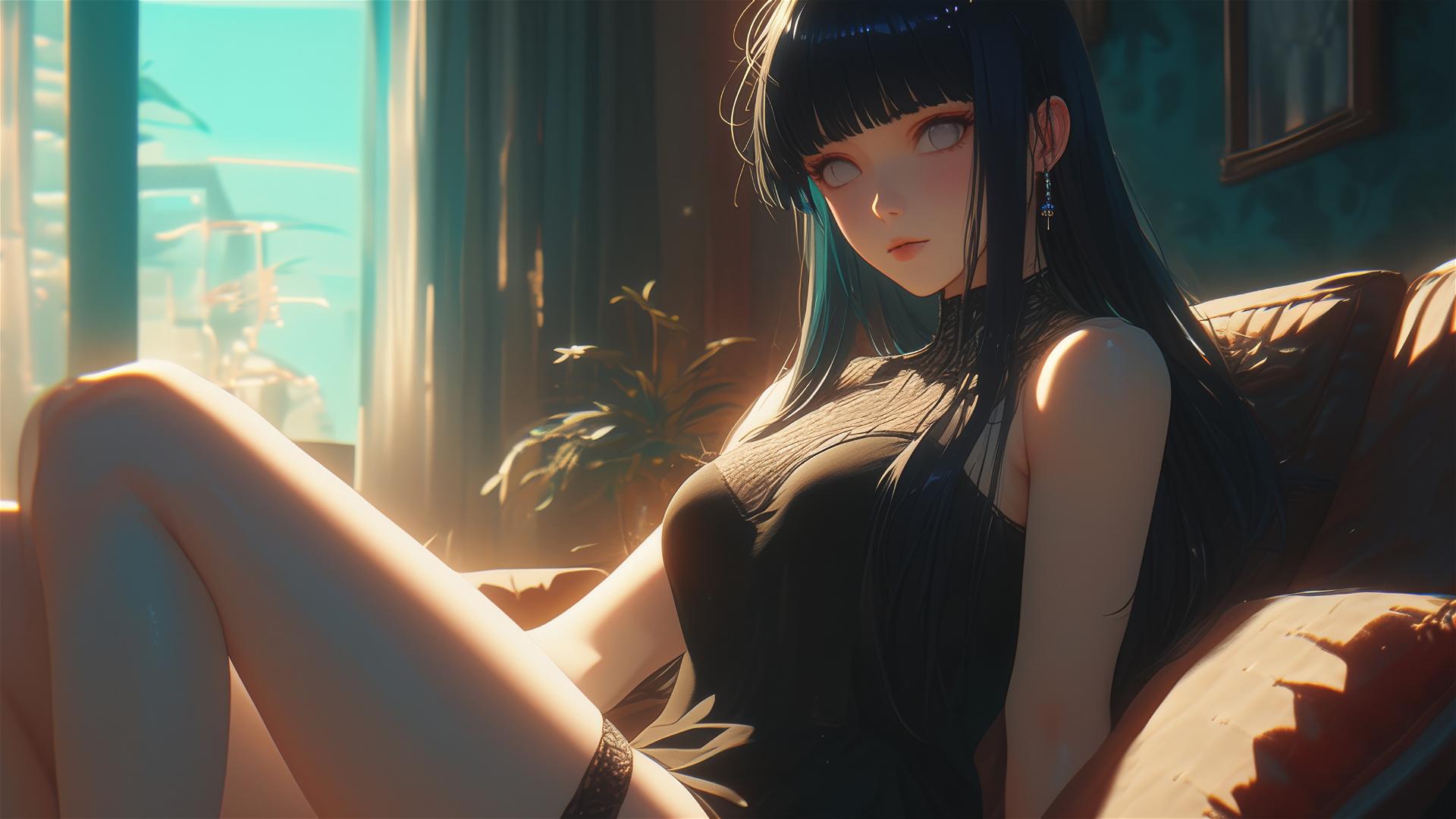 Hinata Hyuga from Naruto sitting at modern hotel with warm light