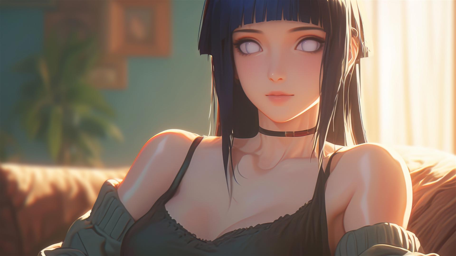 Hinata Hyuga sitting in modern hotel with soft glowing light