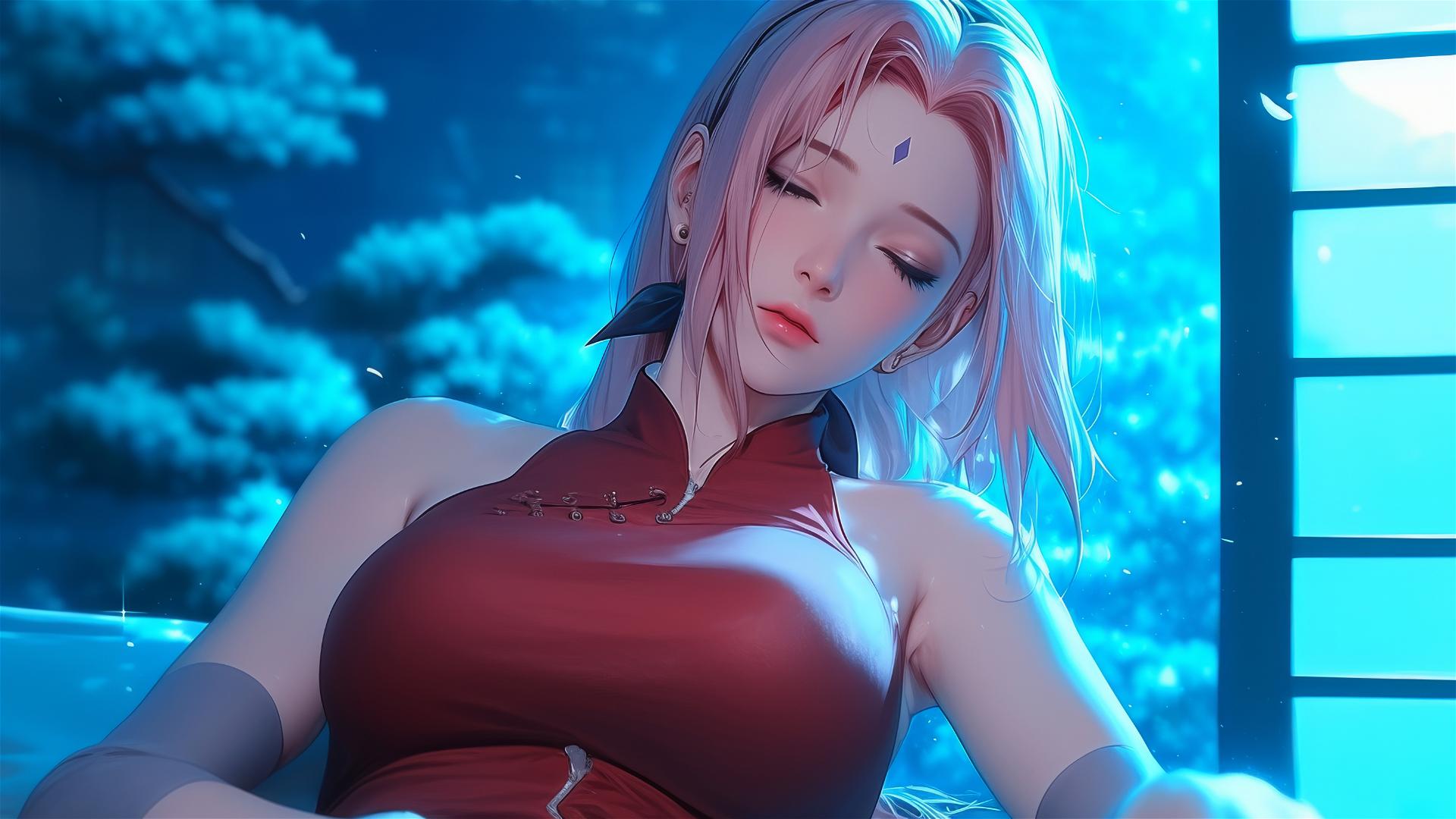 Sakura Haruno resting at home under soft moonlight