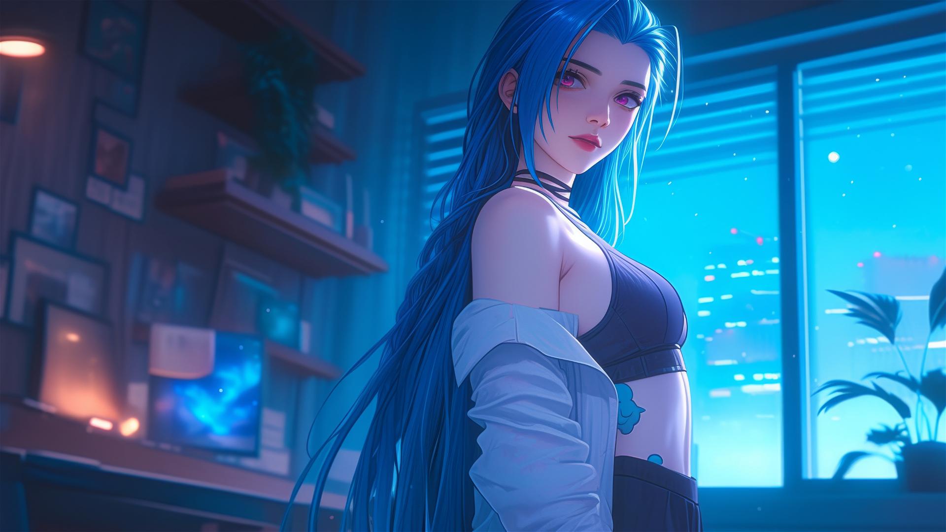 Jinx from League of Legends standing in an apartment under moonlight