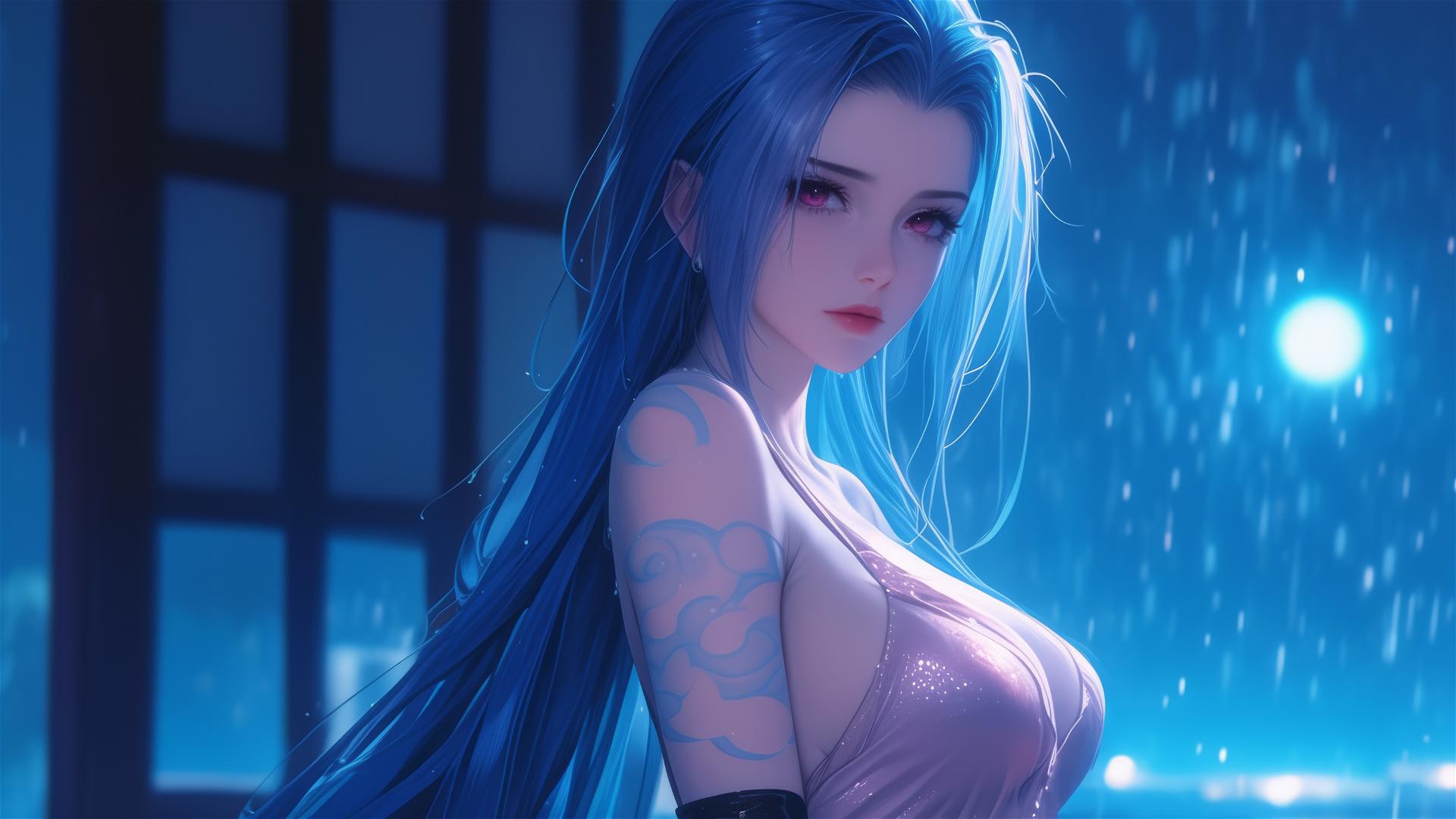 Jinx from League of Legends standing in an apartment under moonlight