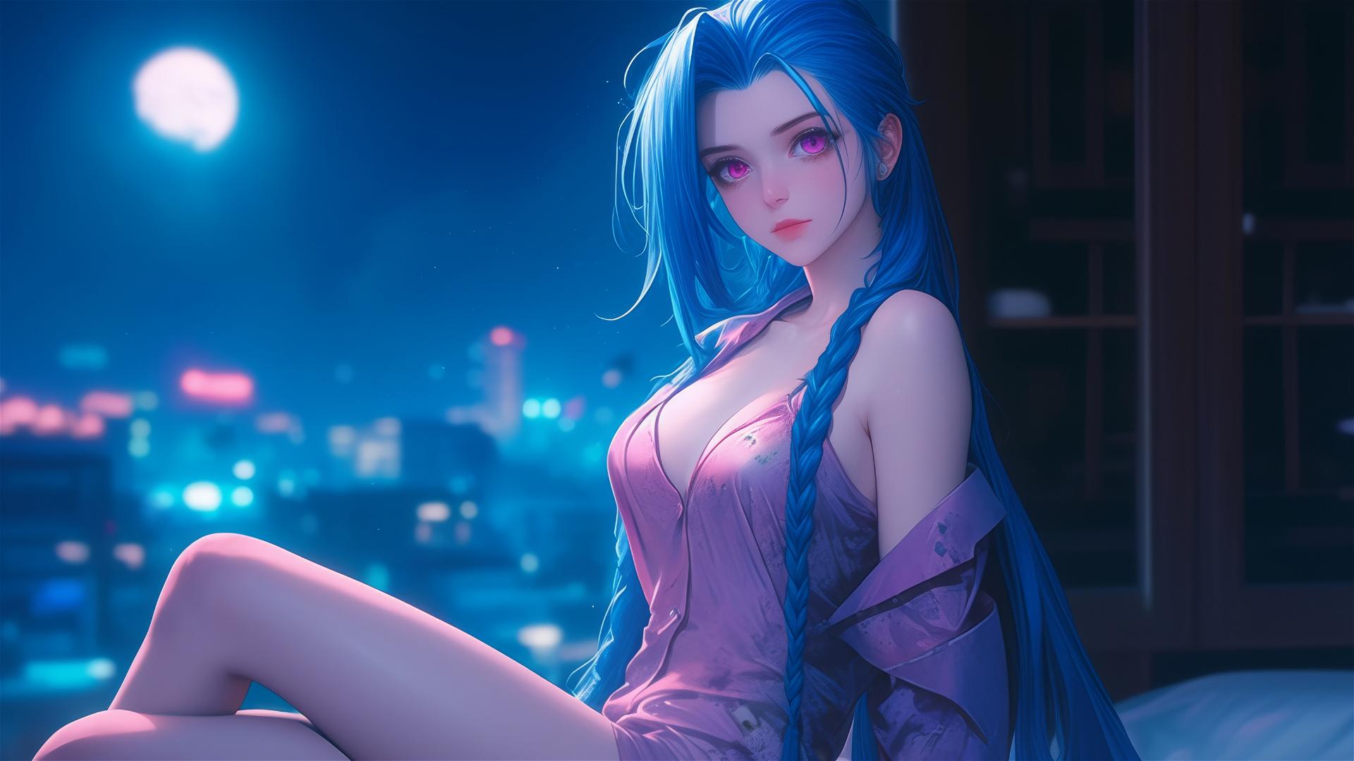 Jinx from League of Legends sitting in an apartment under moonlight