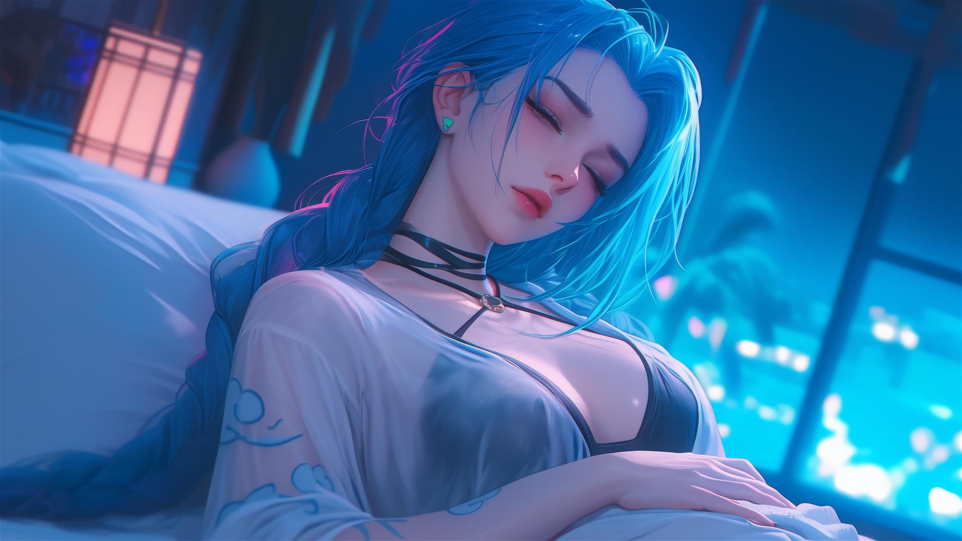 Jinx from League of Legends resting in moonlit apartment