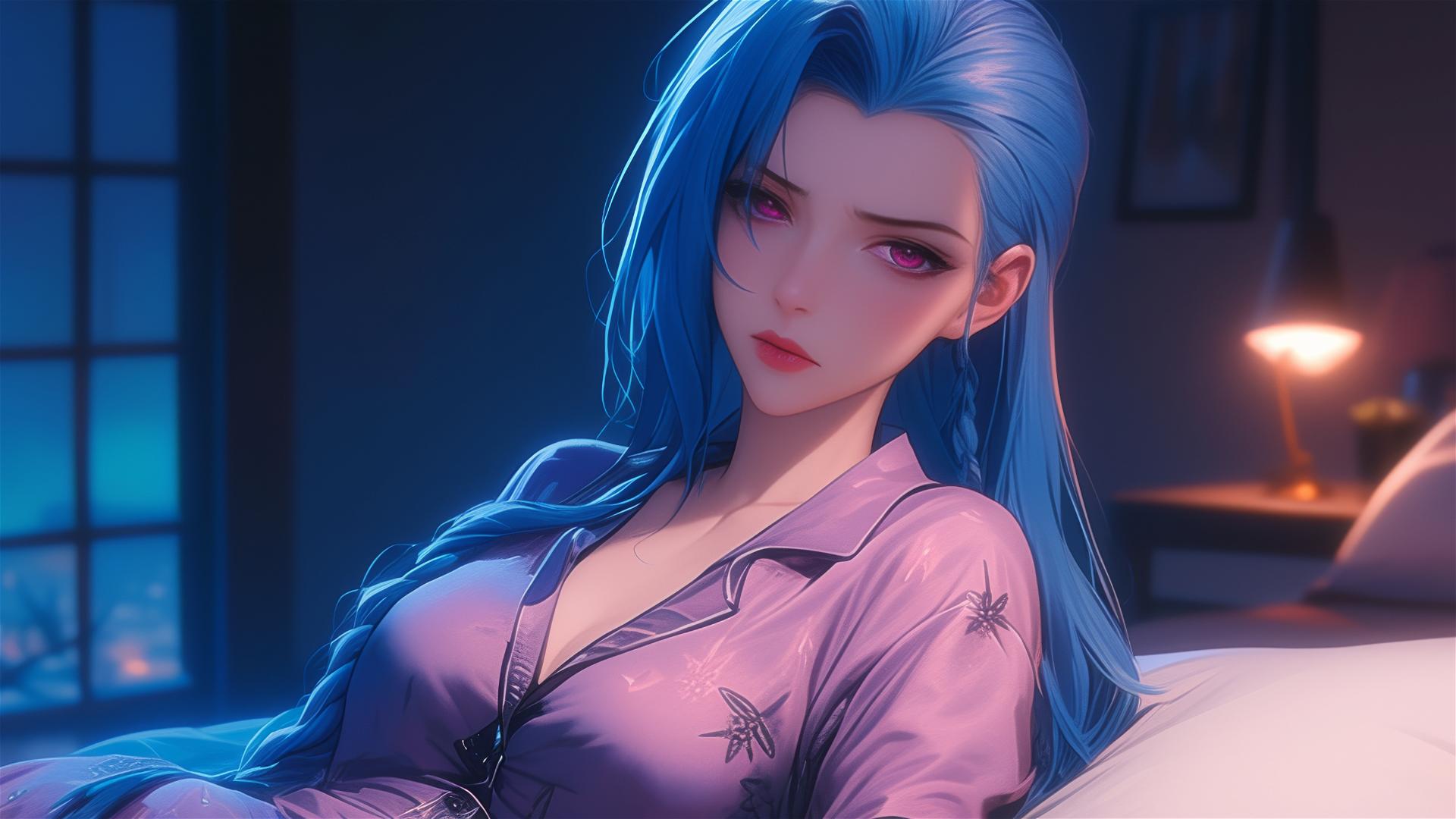 Jinx from League of Legends resting in apartment under moonlight