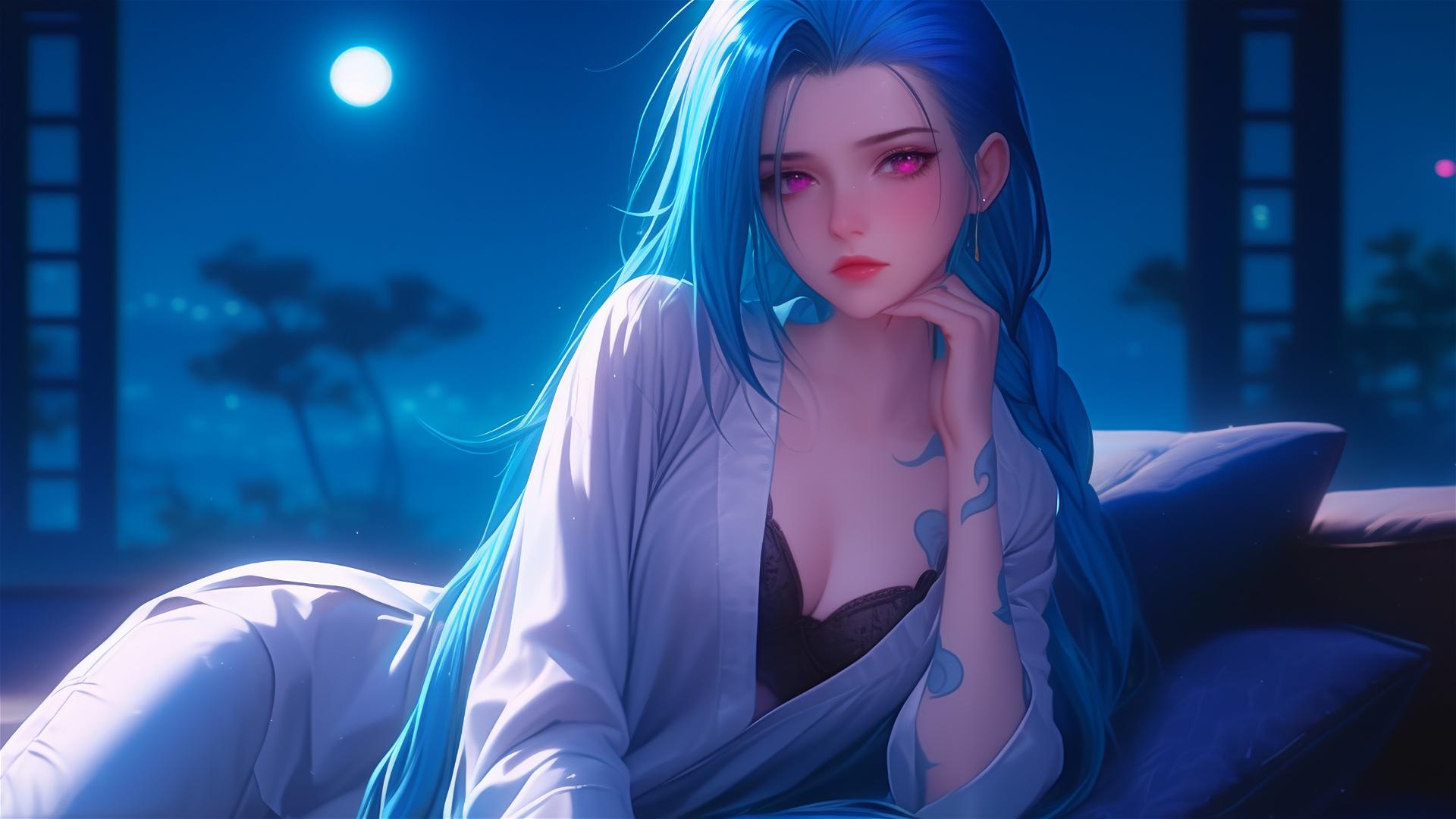 Jinx from League of Legends resting under moonlight in apartment
