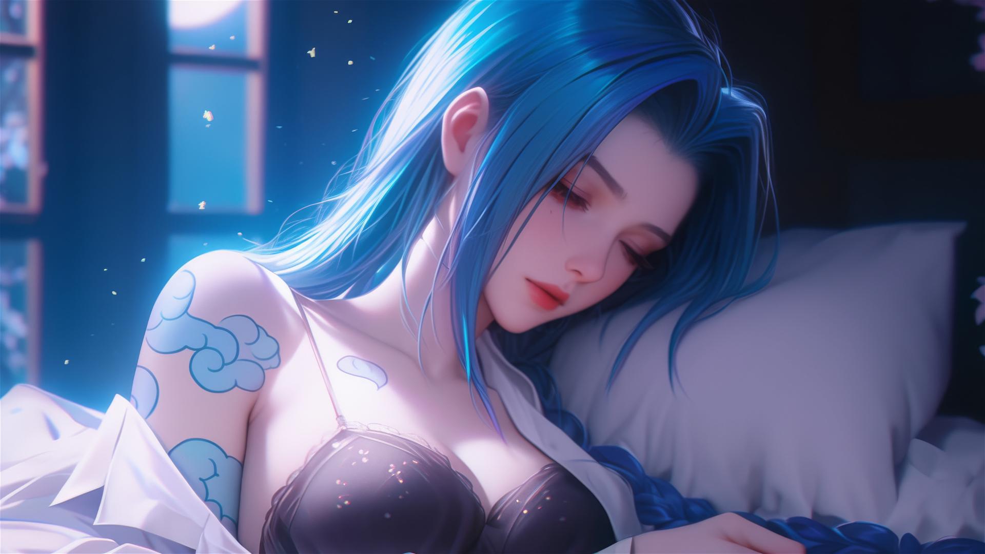 Jinx from League of Legends resting in an apartment with moonlight glow