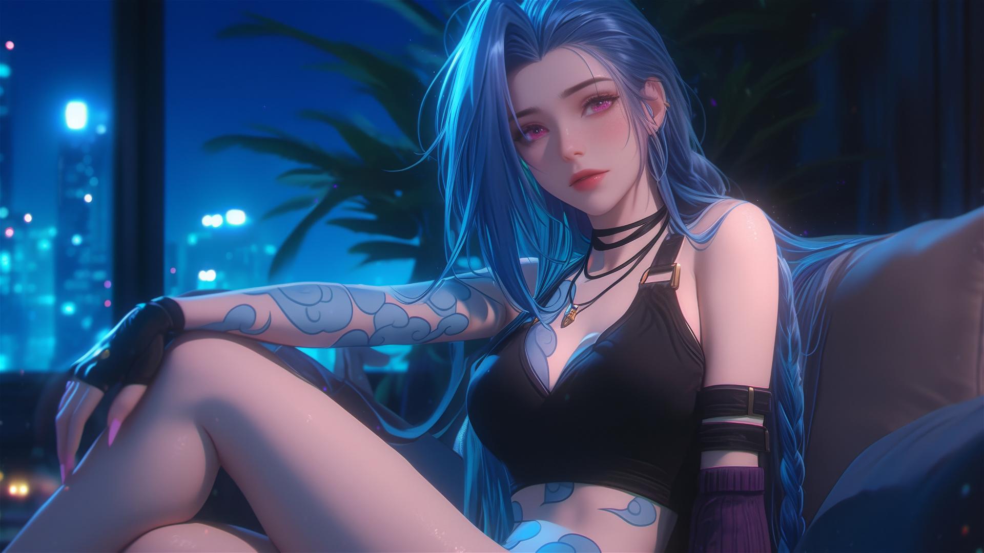 Jinx from League of Legends resting in an apartment with moonlight glow