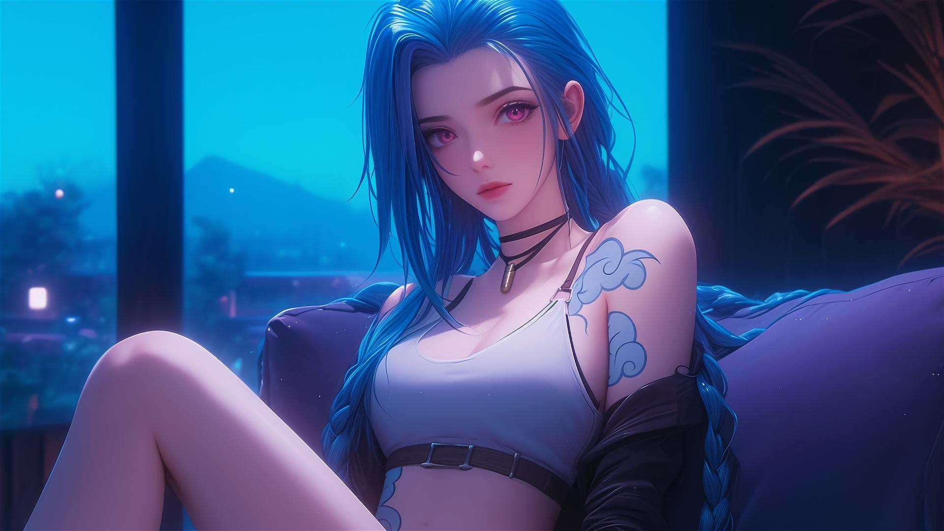 Jinx from League of Legends resting in an apartment with moonlight glow, pink eyes, blue hair.