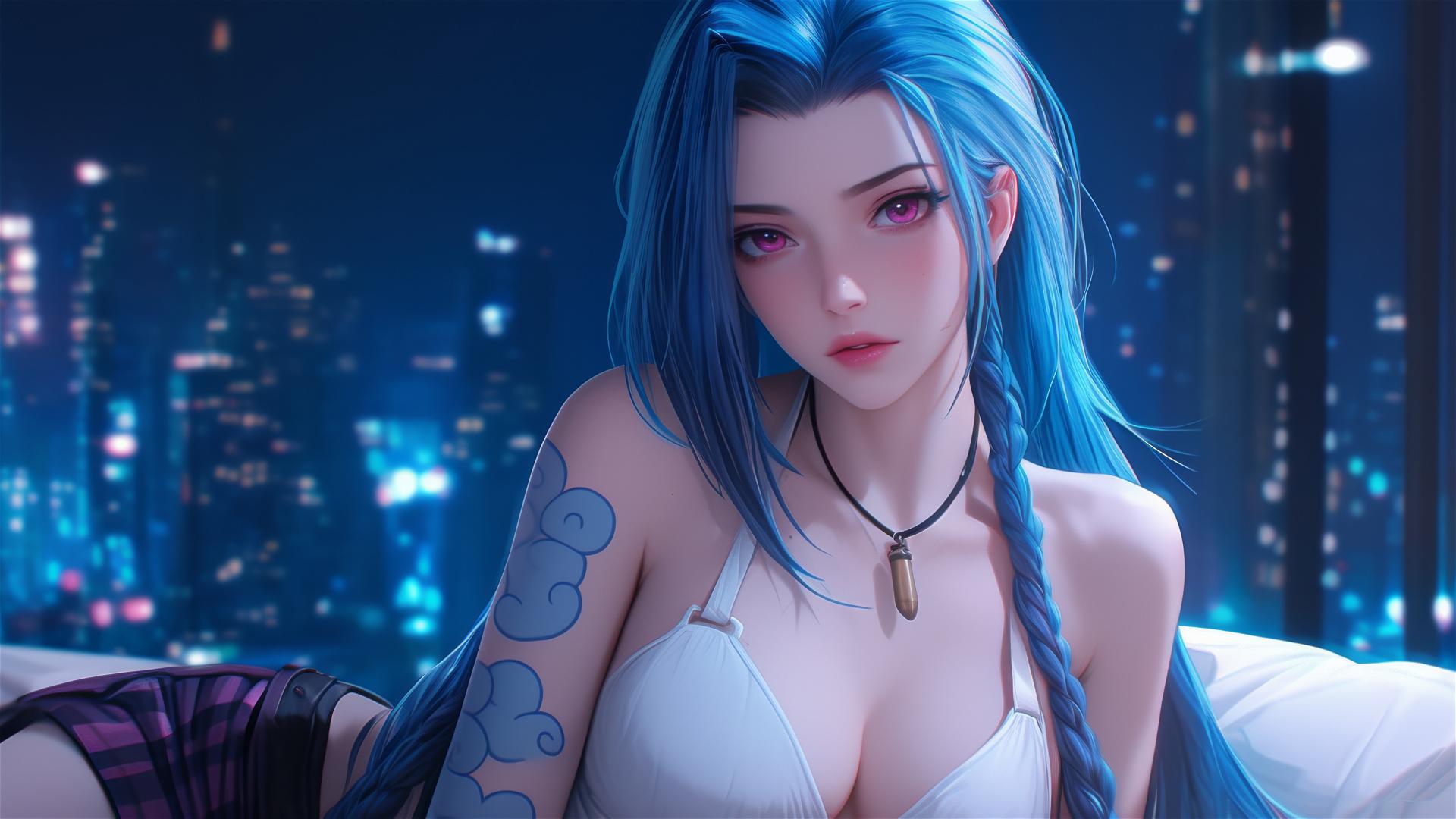 Jinx from League of Legends resting in an apartment, bathed in moonlight.