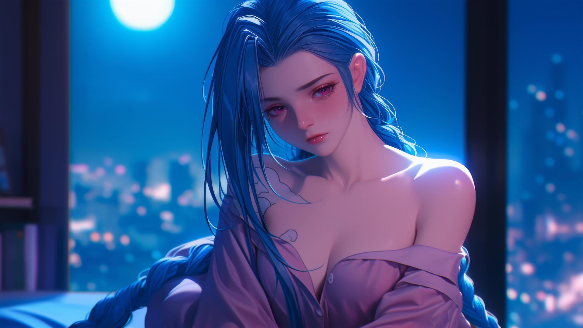Jinx from League of Legends in an apartment with moonlight, blue hair, pink eyes, silk pajamas