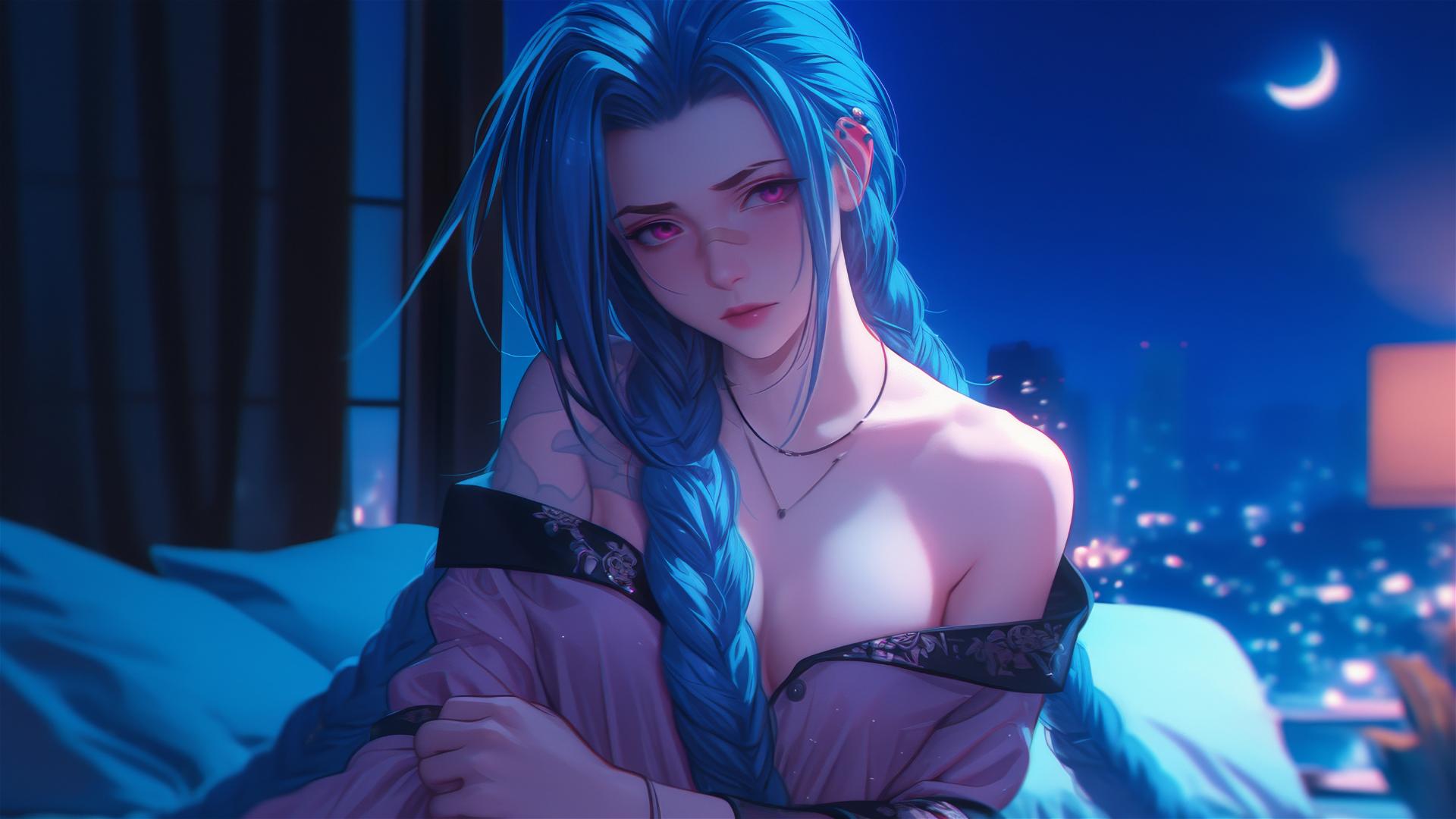 Jinx from League of Legends standing in an apartment with moonlight, pink eyes, blue hair, in silk pajamas.