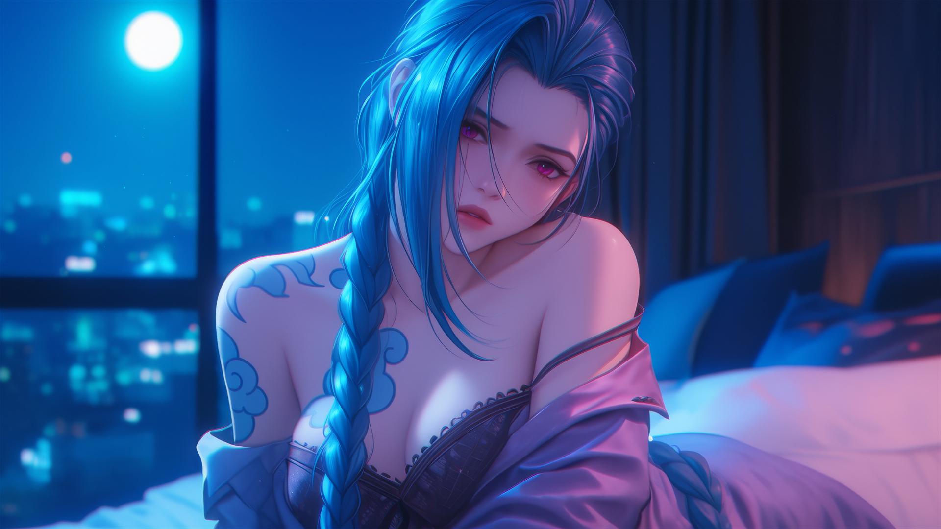 Jinx from League of Legends in apartment under moonlight