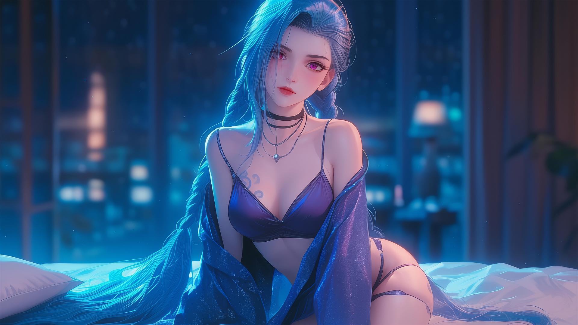 Jinx from League of Legends stands in an apartment under moonlight