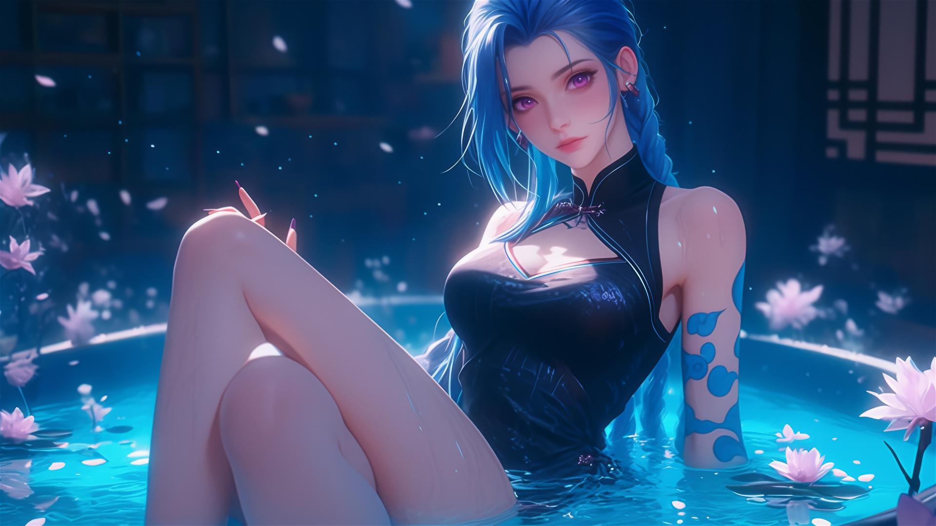 Jinx from League of Legends in a tub of flowers inside a Chinese spa, pink eyes, blue hair.
