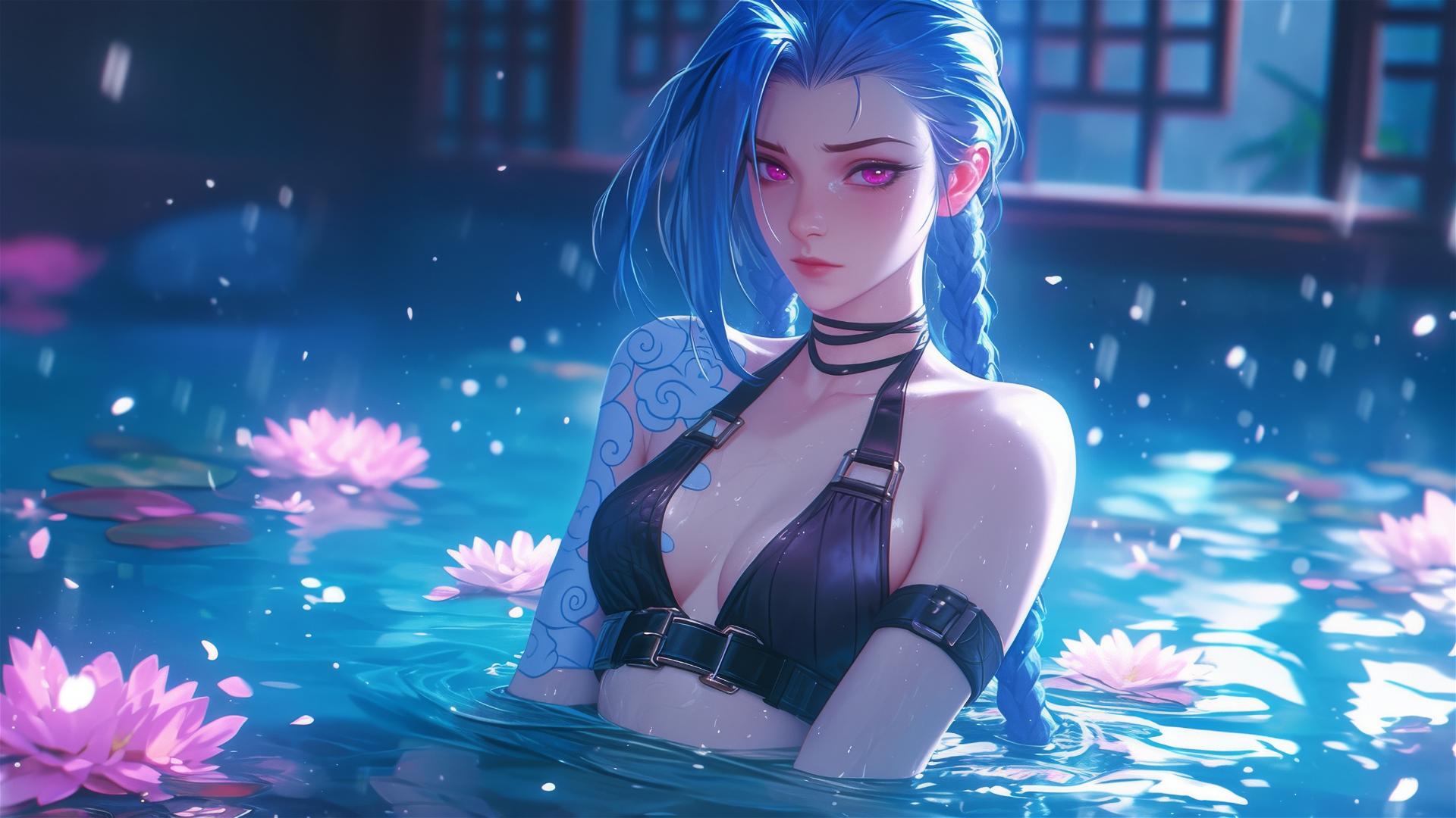 Jinx from League of Legends in a flower-filled tub at a Chinese spa, pink eyes and blue hair.