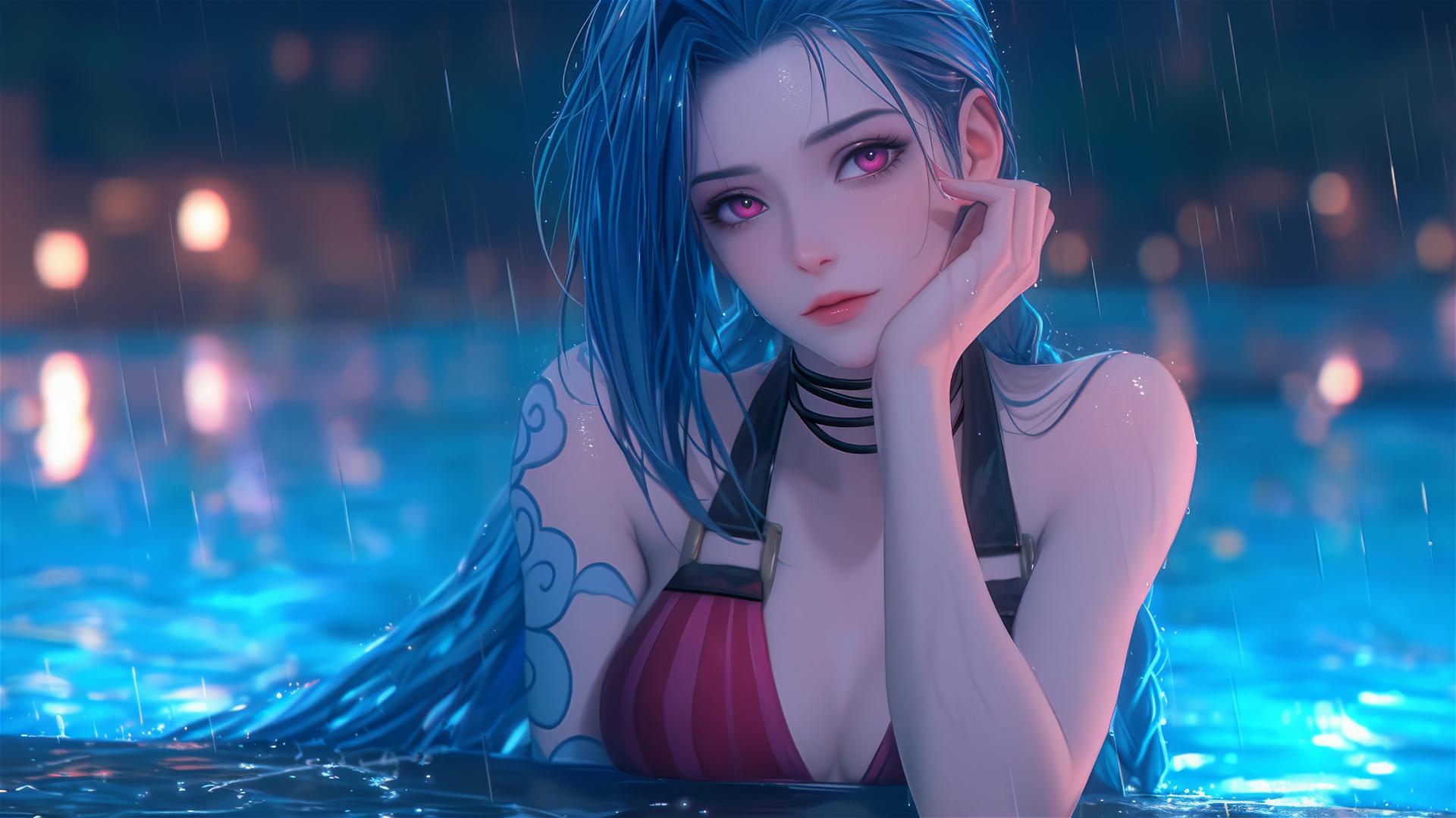 Jinx from League of Legends resting at rainy pool with moonlight, pink eyes, red dress, blue hair.