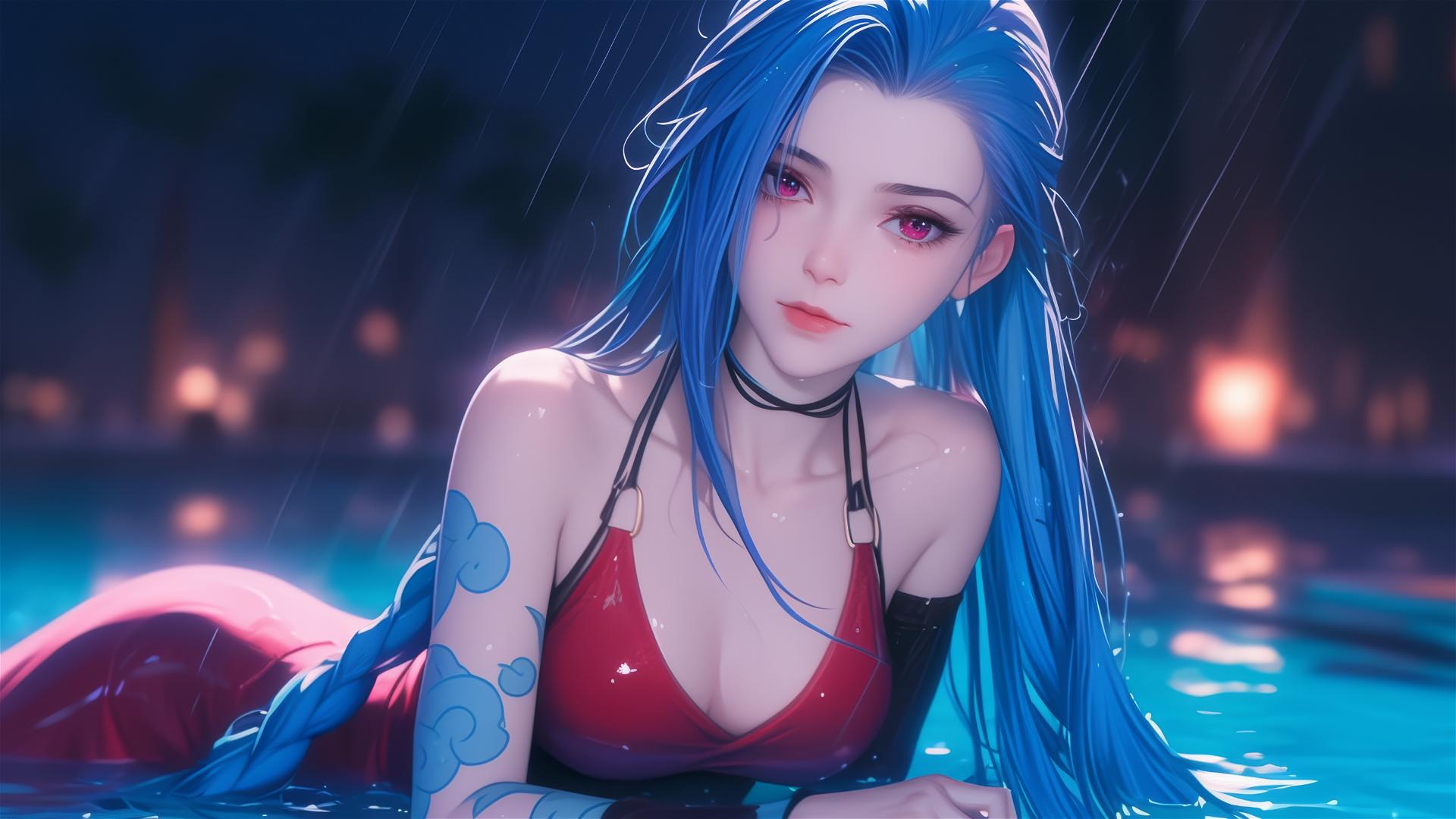 Jinx from League of Legends resting at a rainy pool under moonlight