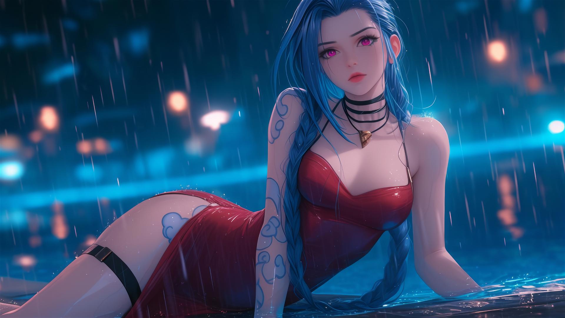 Jinx from League of Legends at a rainy swimming pool under moonlight