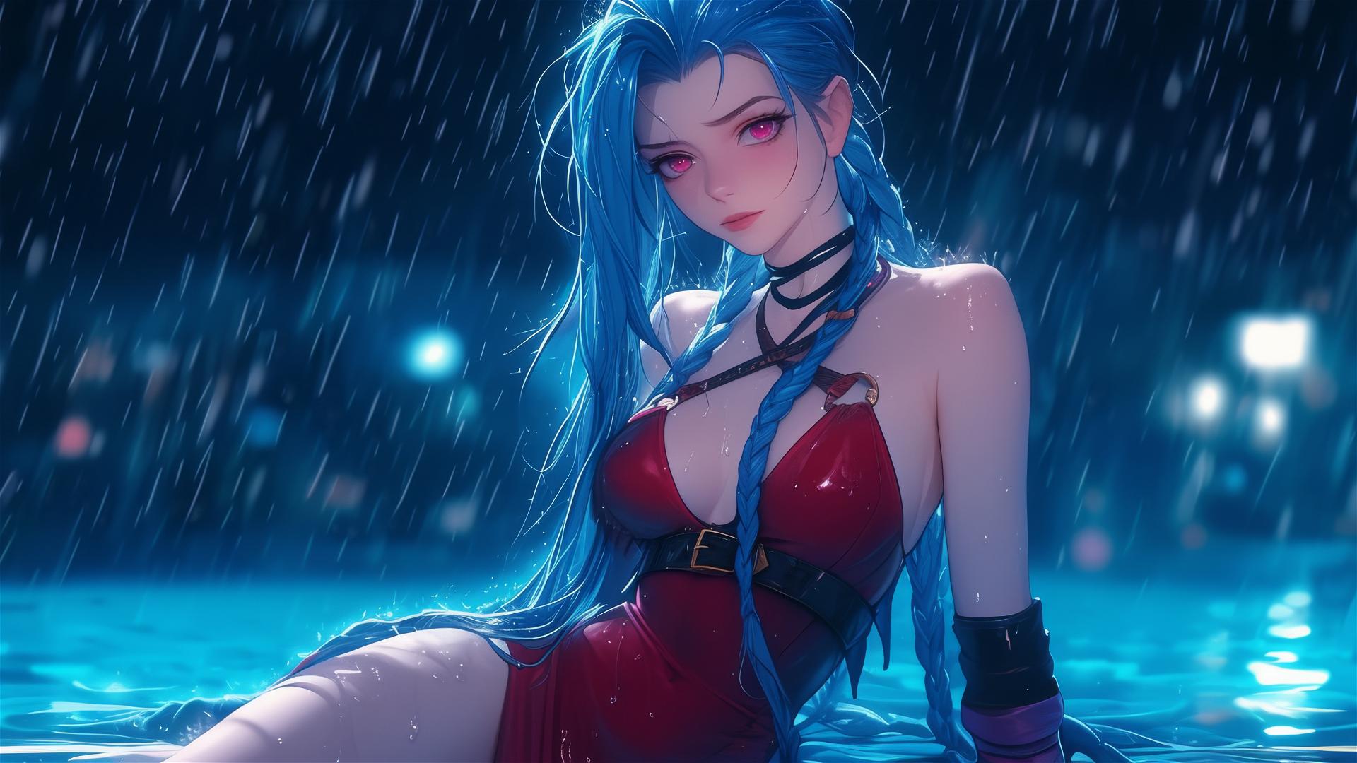 Jinx from League of Legends resting at a rainy swimming pool under moonlight