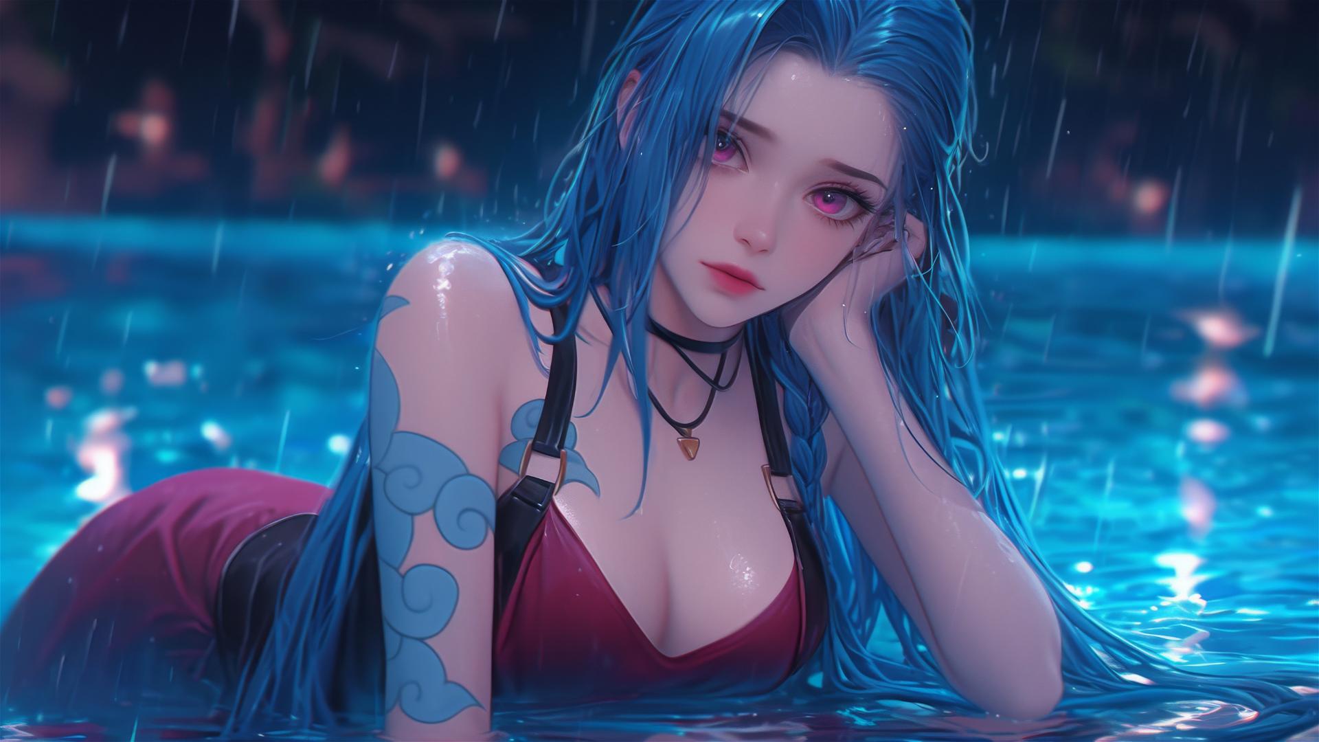 Jinx from League of Legends resting by a rainy pool under moonlight.