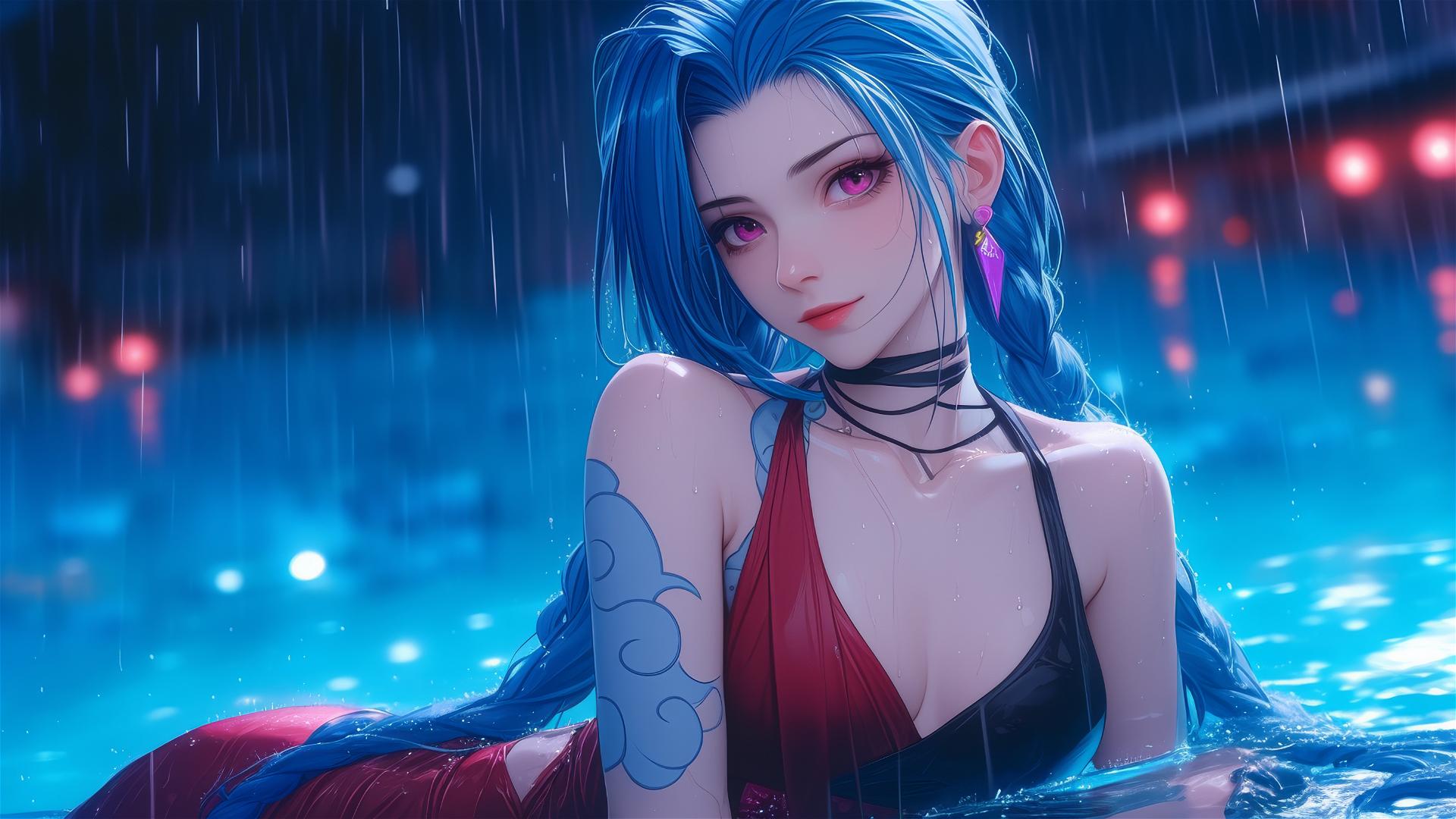 Jinx from League of Legends resting at a rainy swimming pool under moonlight, pink eyes, red dress, blue hair.