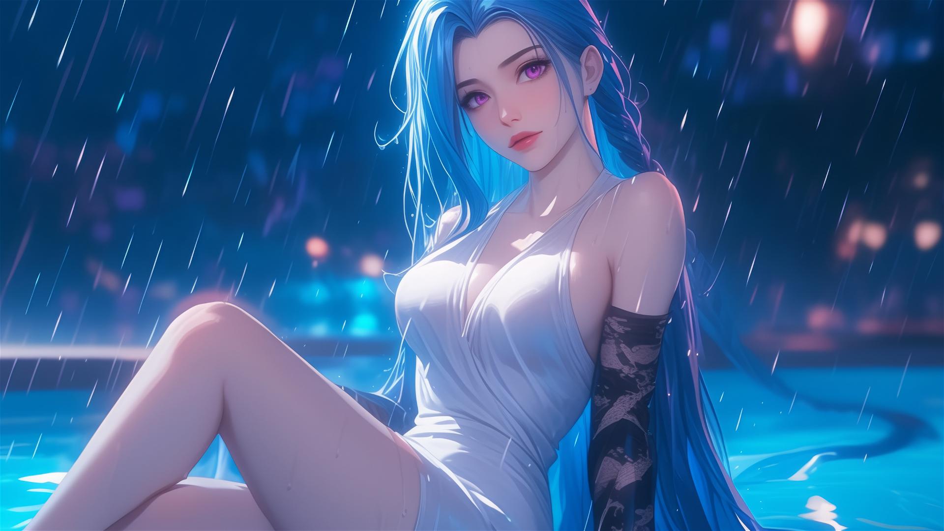Jinx from League of Legends, relaxing at a rainy swimming pool at night.