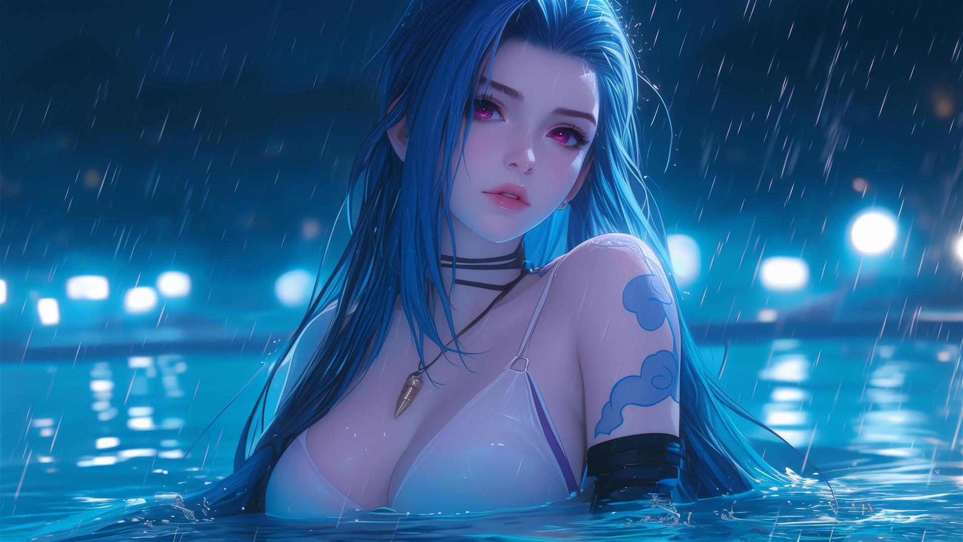 Jinx from League of Legends resting by a rainy pool under moonlight.