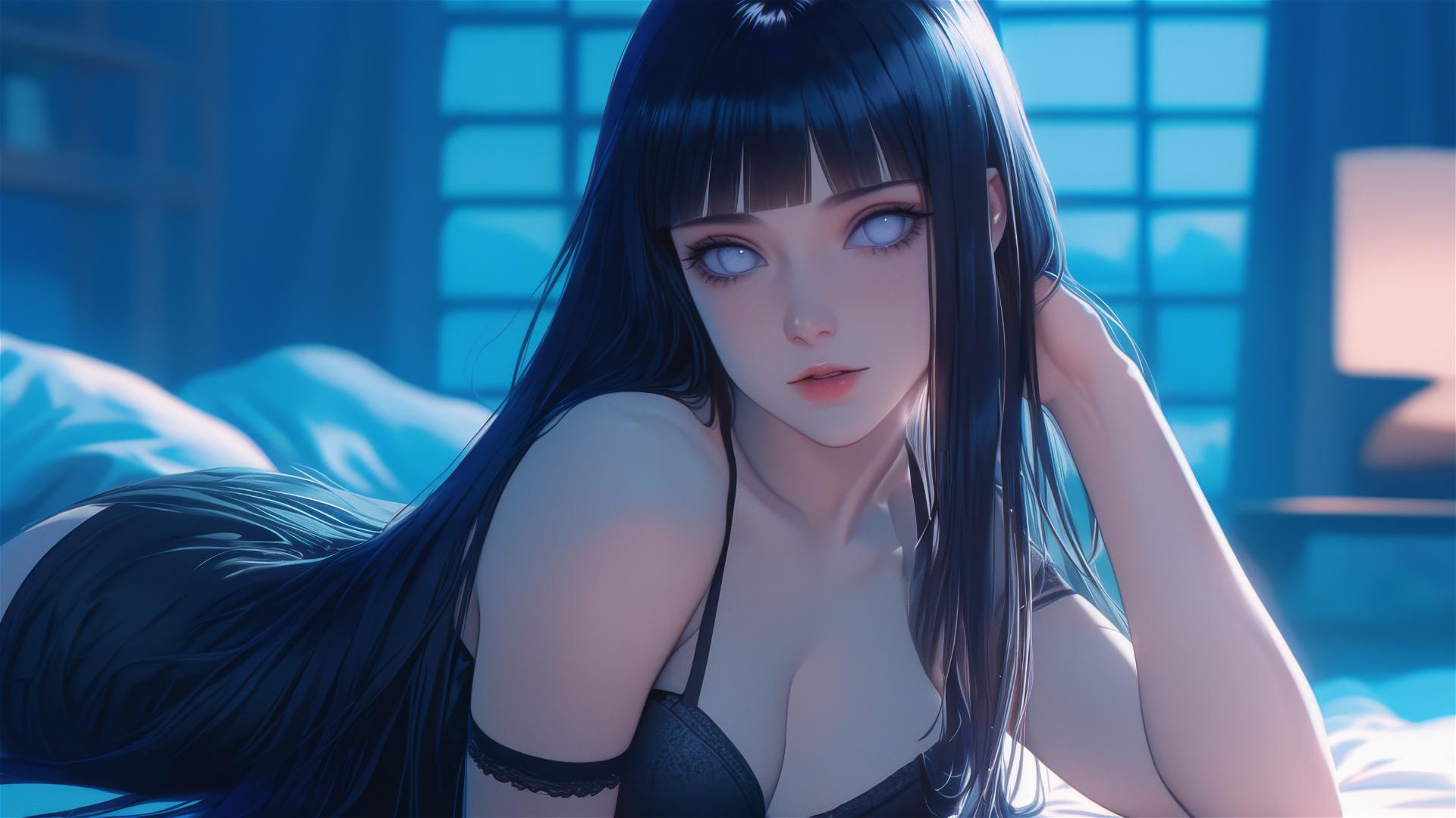 Hinata Hyuga resting at a modern hotel with moonlight glow