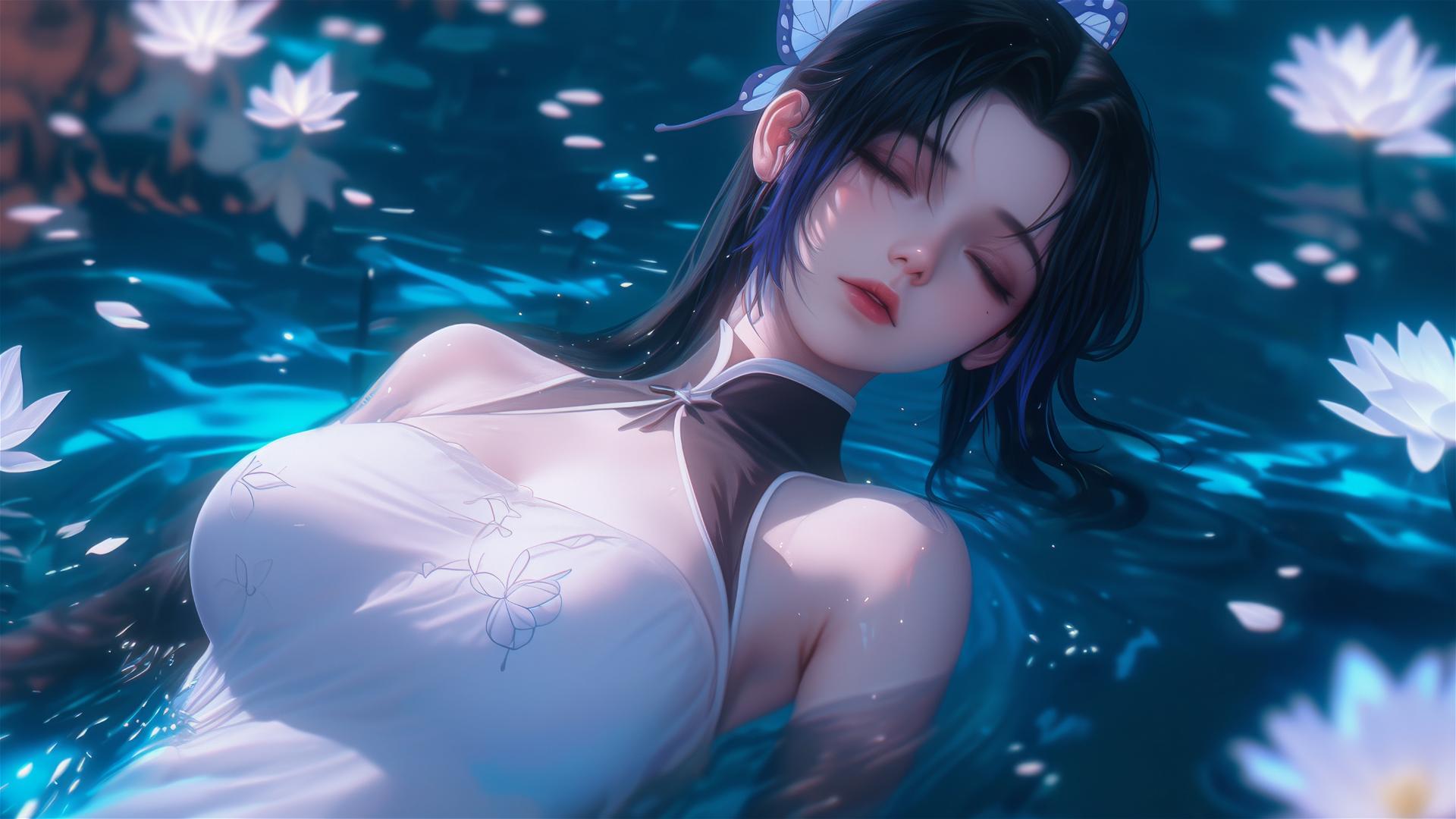 Shinobu Kocho in a white dress, inside a flower-filled tub